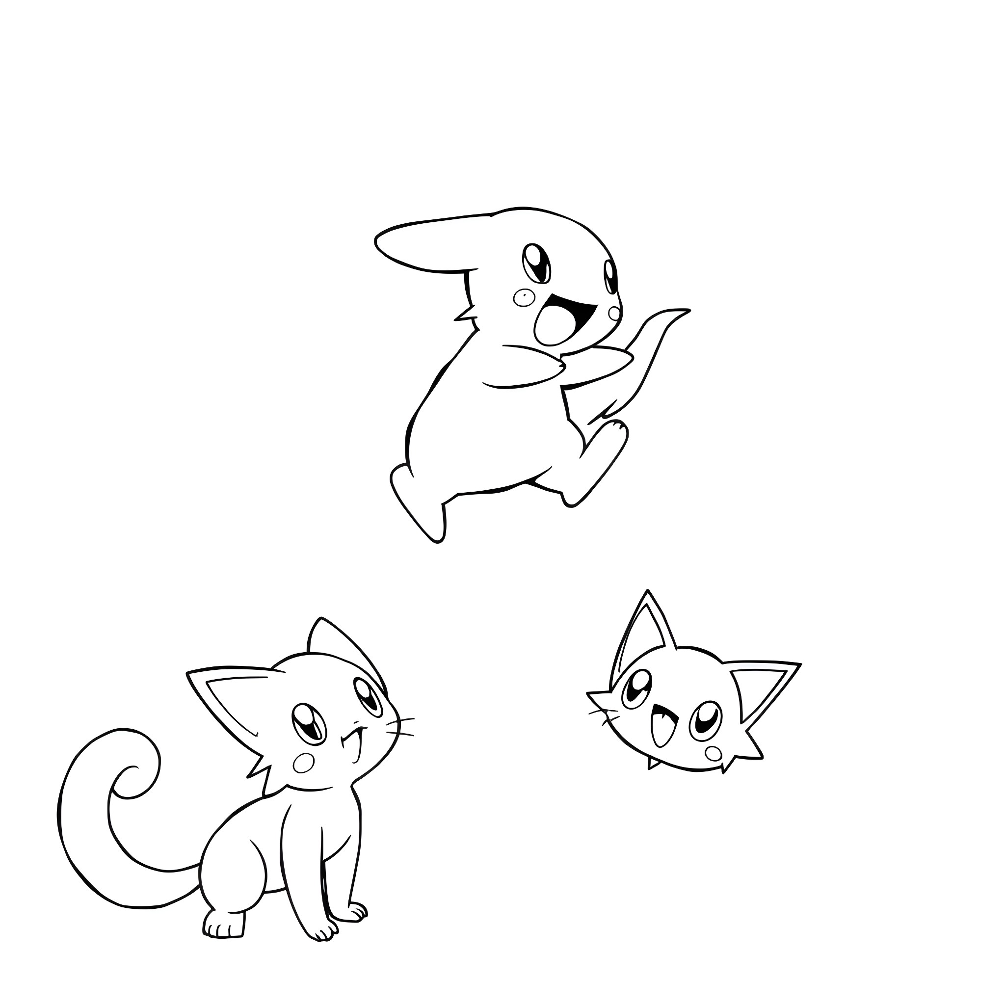 Mudkip and Friends in Cheerful Poses Coloring Page (free black-and-white line drawing printable PDF for all, from beginners to advanced learners, including children, teens, adults, and seniors)