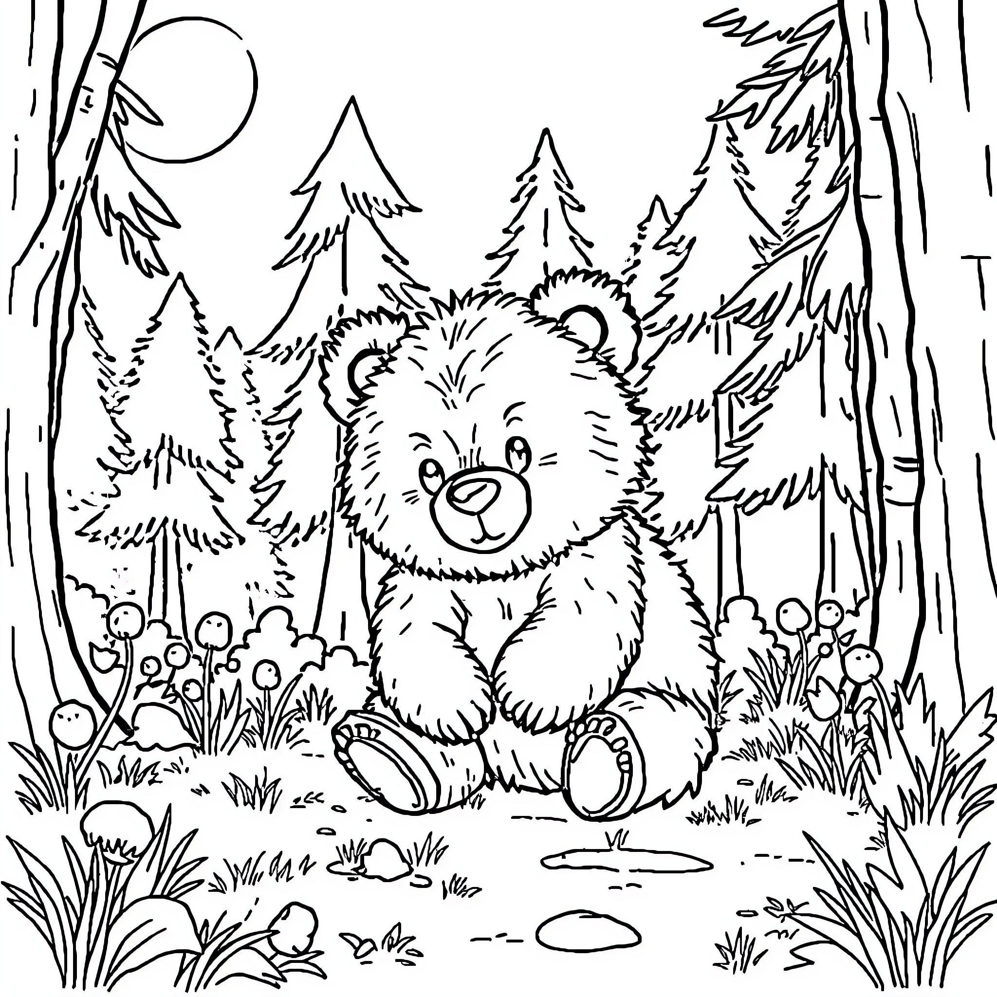 Bear enjoying a peaceful forest scene Coloring Page (free black-and-white line drawing printable PDF for all, from beginners to advanced learners, including children, teens, adults, and seniors)