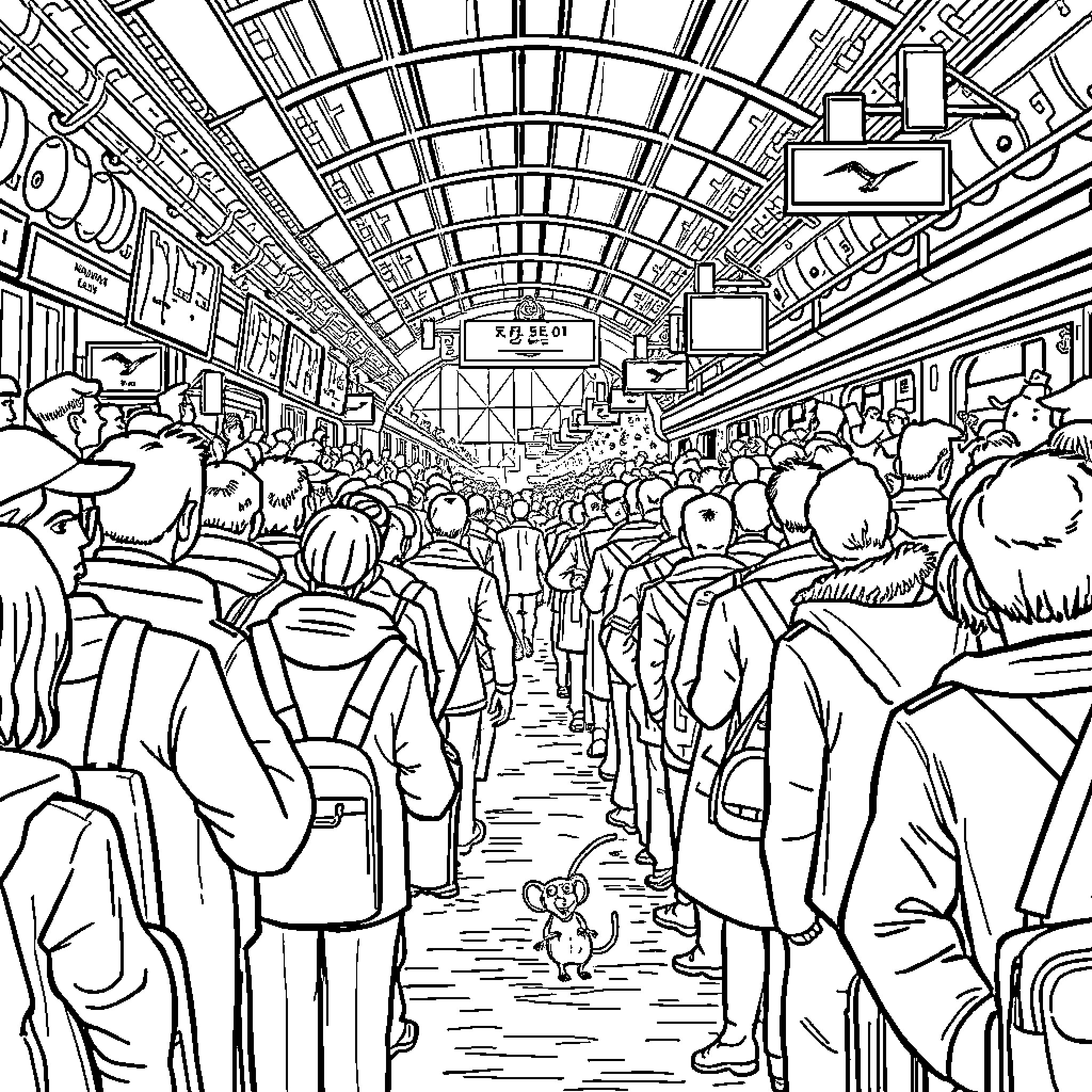 Rat navigating a crowded public transit setting Coloring Page (free black-and-white line drawing printable PDF for all, from beginners to advanced learners, including children, teens, adults, and seniors)