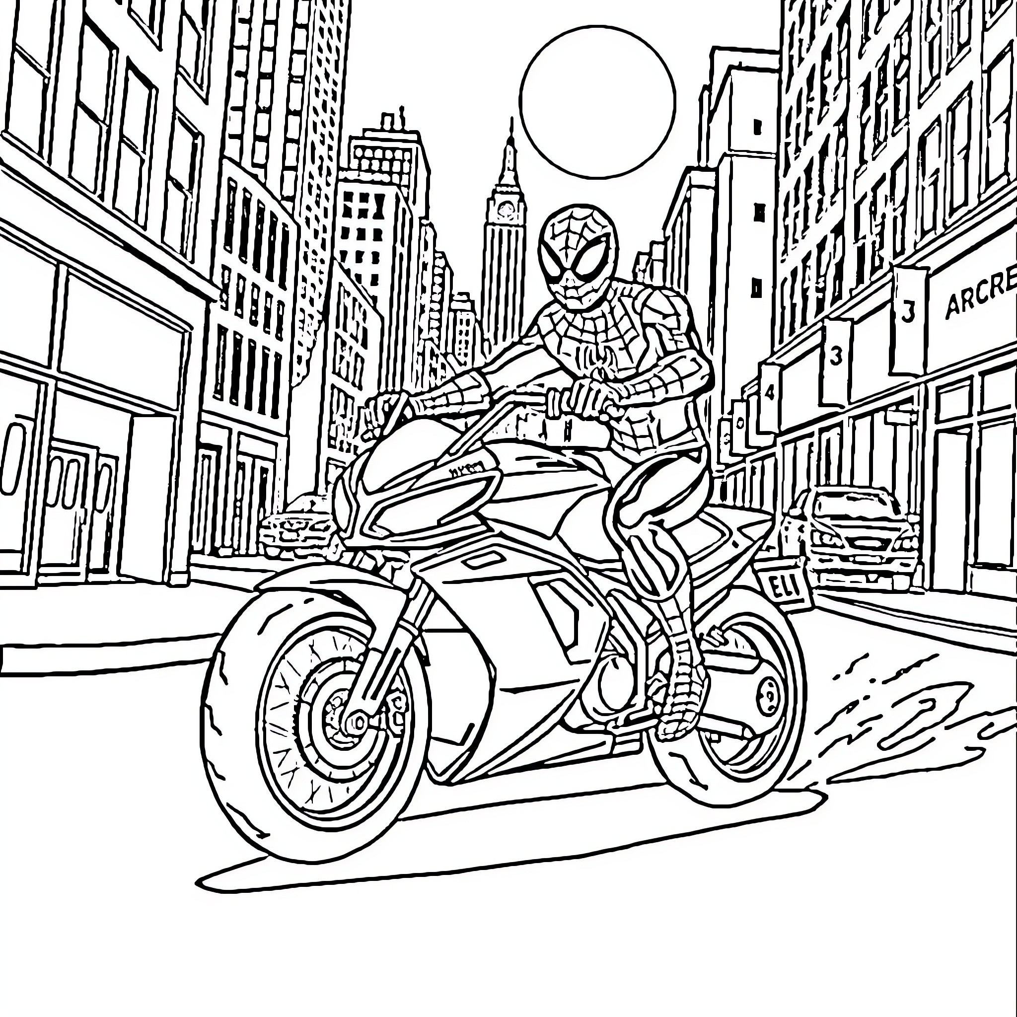 Spider-Man riding a motorcycle through the city Coloring Page (free black-and-white line drawing printable PDF for all, from beginners to advanced learners, including children, teens, adults, and seniors)