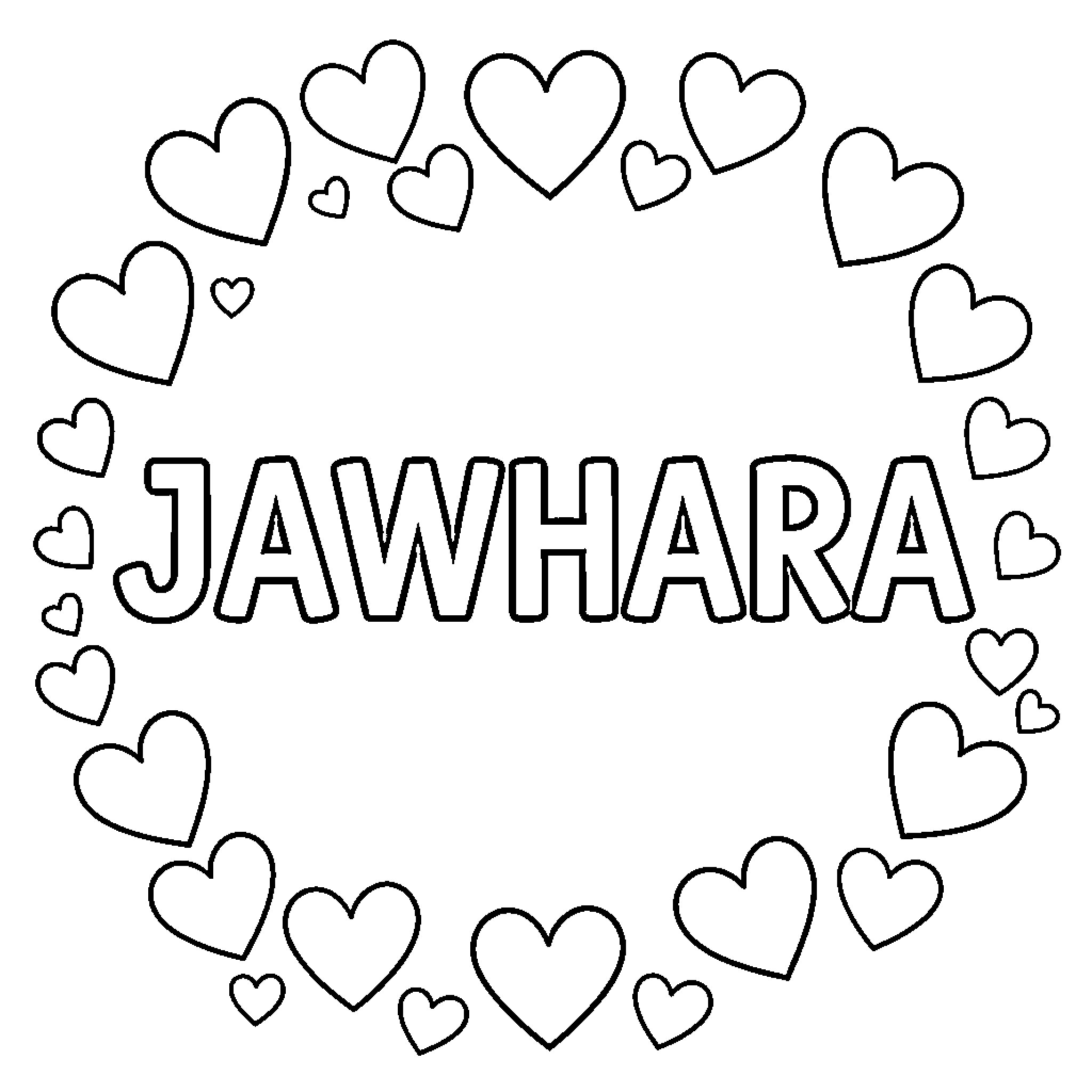 Jawhara's hearts and affection Coloring Page (free black-and-white line drawing printable PDF for all, from beginners to advanced learners, including children, teens, adults, and seniors)