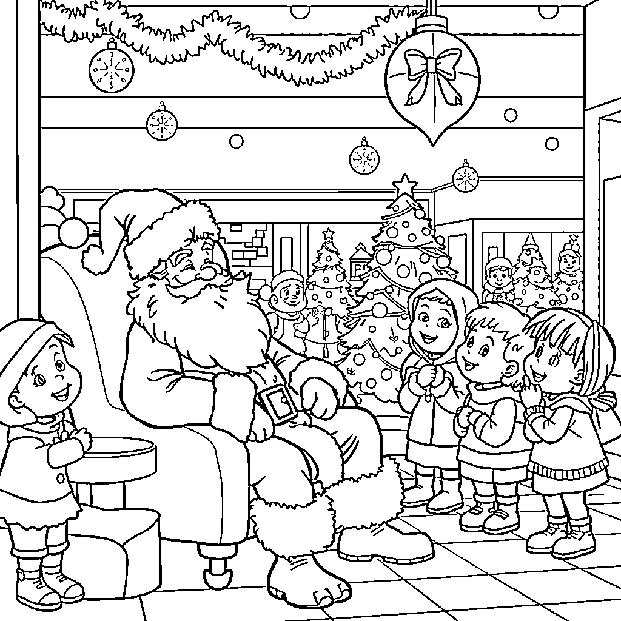 Santa surrounded by joyful children in holiday setting Coloring Page (free black-and-white line drawing printable PDF for all, from beginners to advanced learners, including children, teens, adults, and seniors)
