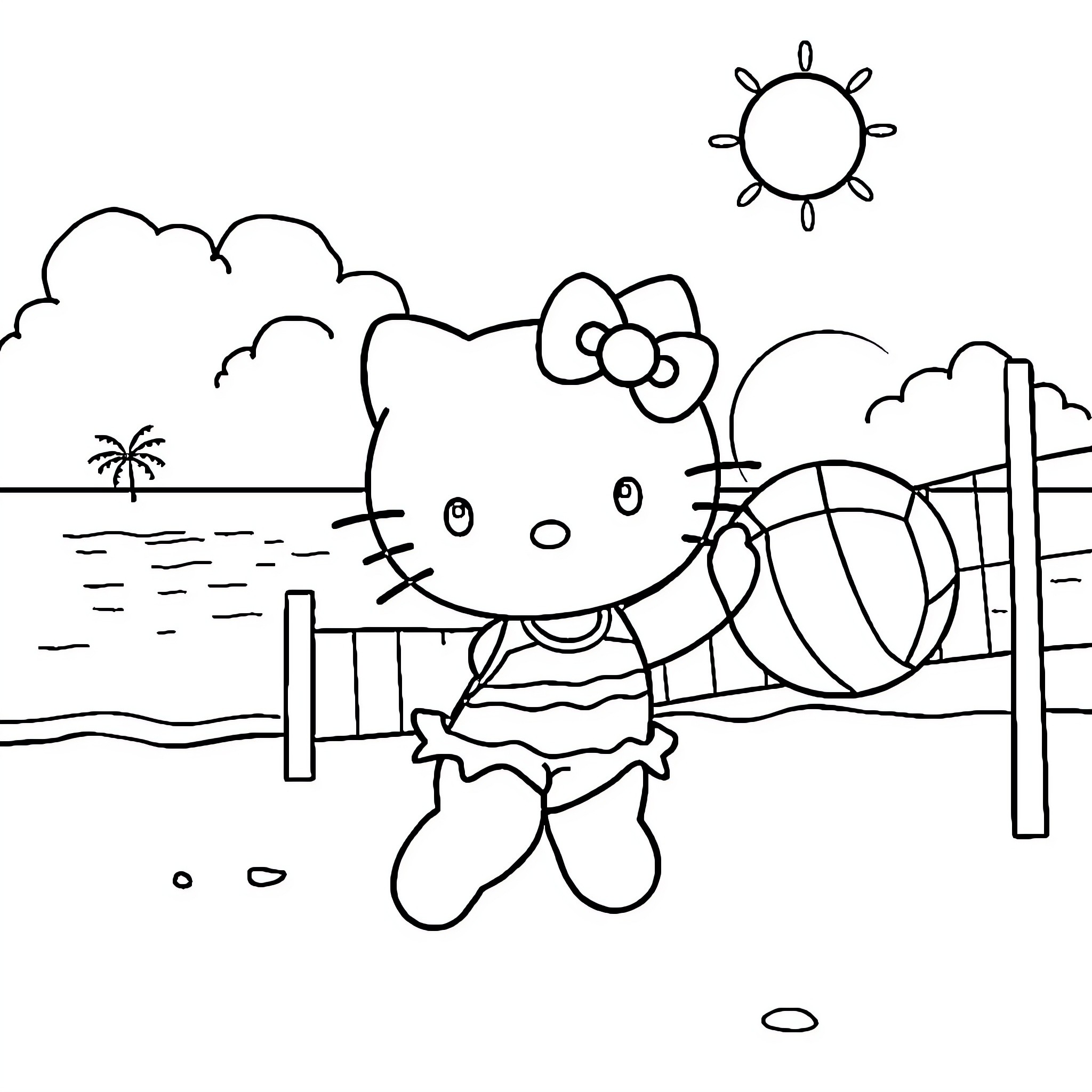 Hello Kitty enjoying a sunny day at the beach Coloring Page (free black-and-white line drawing printable PDF for all, from beginners to advanced learners, including children, teens, adults, and seniors)