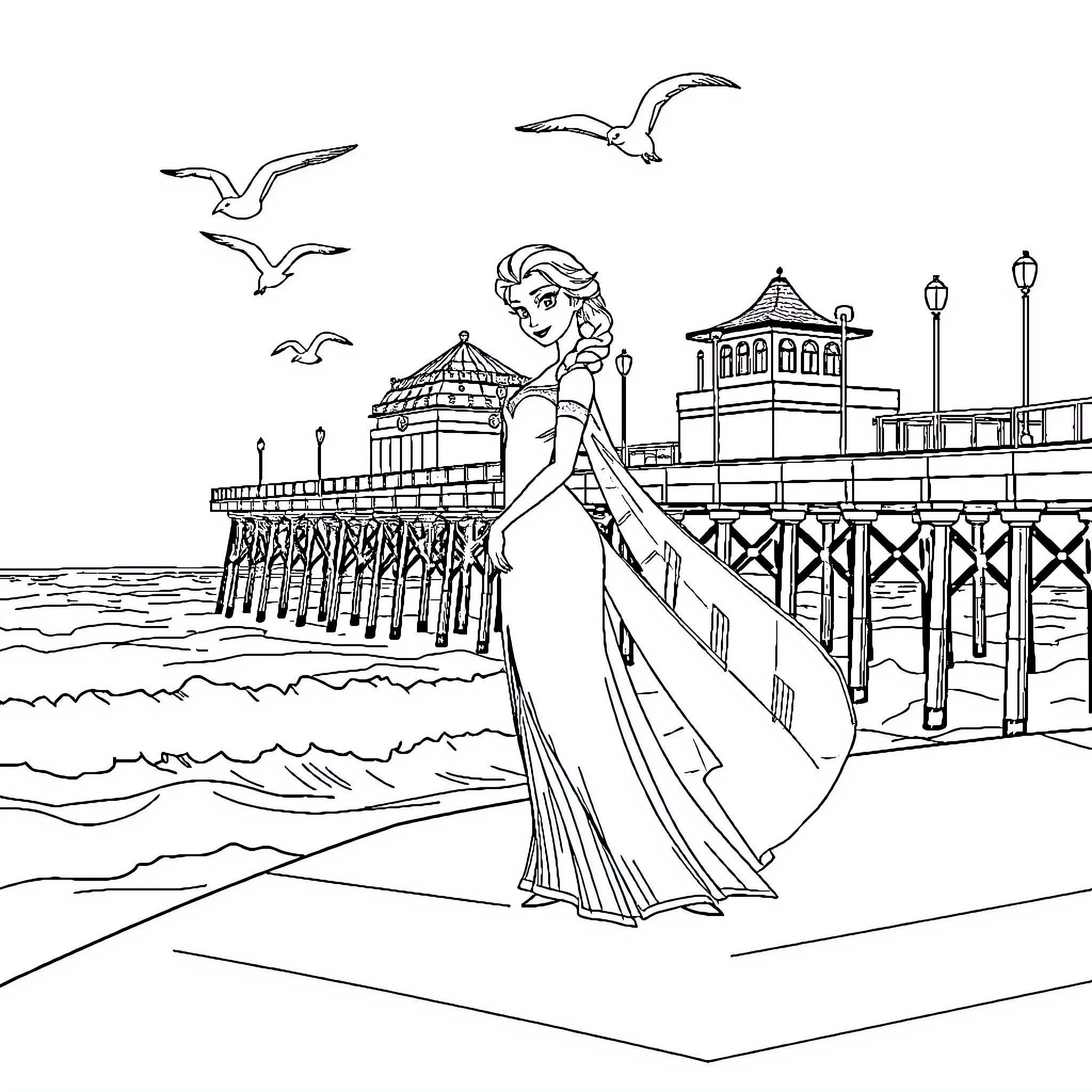 Elsa strolling gracefully by the seaside pier Coloring Page (free black-and-white line drawing printable PDF for all, from beginners to advanced learners, including children, teens, adults, and seniors)