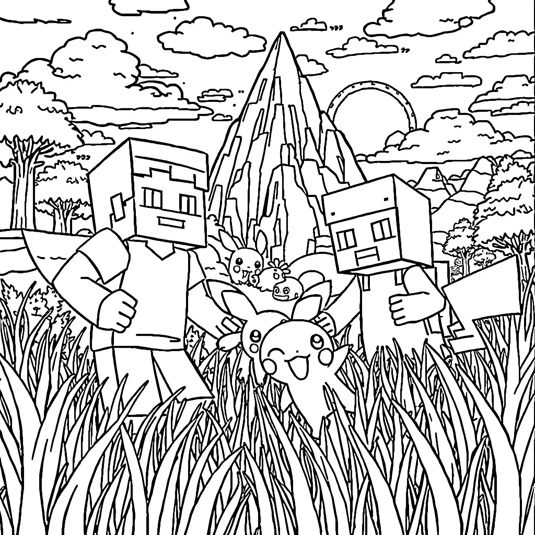 Steve's Whimsical Adventure in the Enchanted Landscape Coloring Page (free black-and-white line drawing printable PDF for all, from beginners to advanced learners, including children, teens, adults, and seniors)