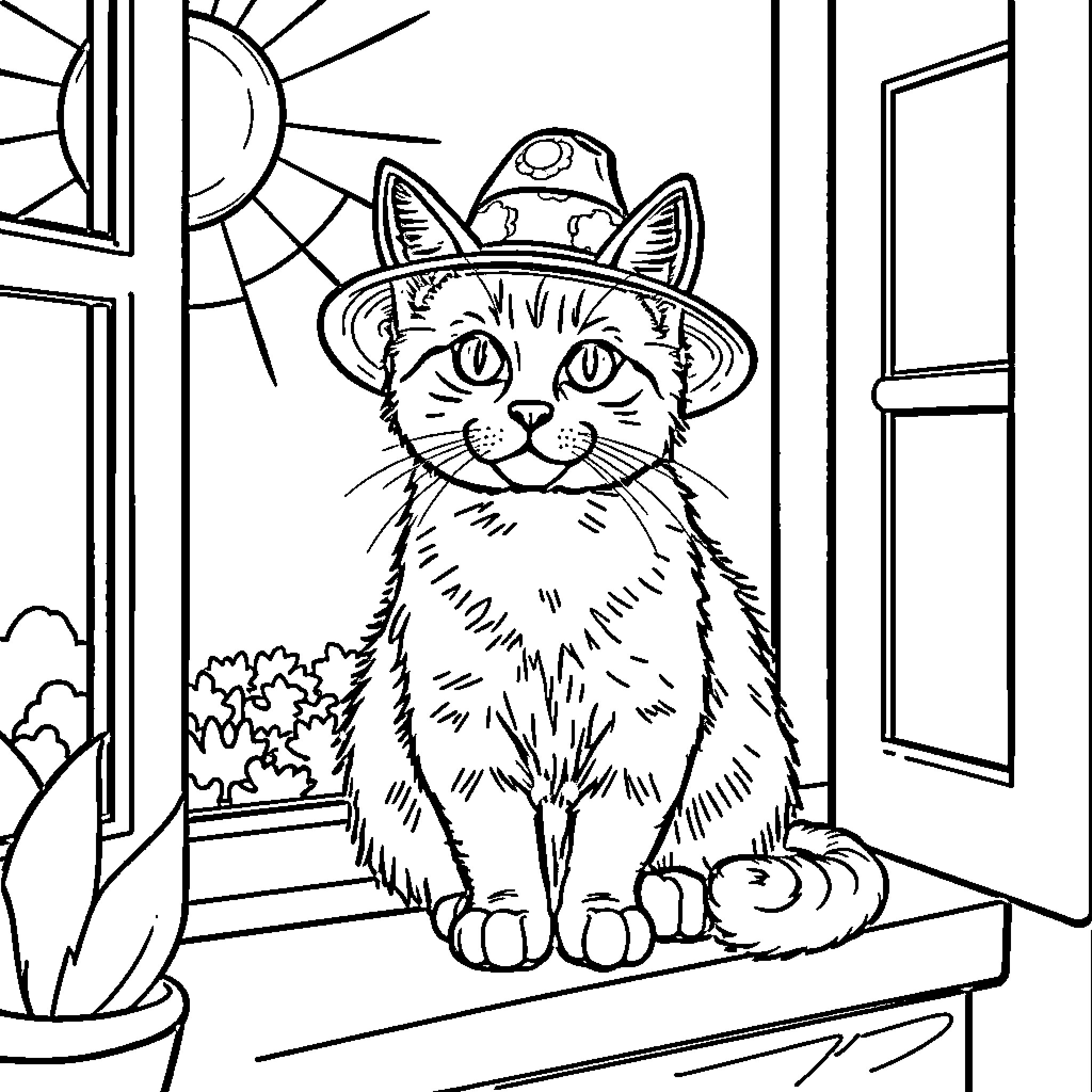 Cat in a Fireman's Hat Looking Out Window Coloring Page (free black-and-white line drawing printable PDF for all, from beginners to advanced learners, including children, teens, adults, and seniors)
