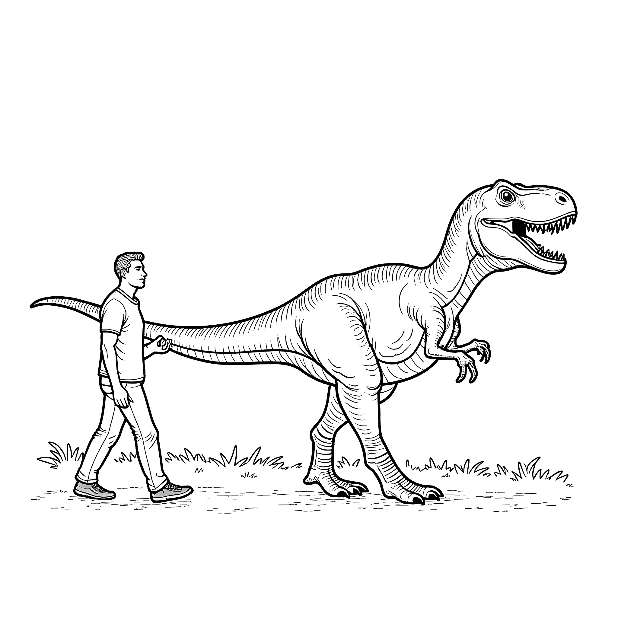 Man encounters a fearsome dinosaur Coloring Page (free black-and-white line drawing printable PDF for all, from beginners to advanced learners, including children, teens, adults, and seniors)