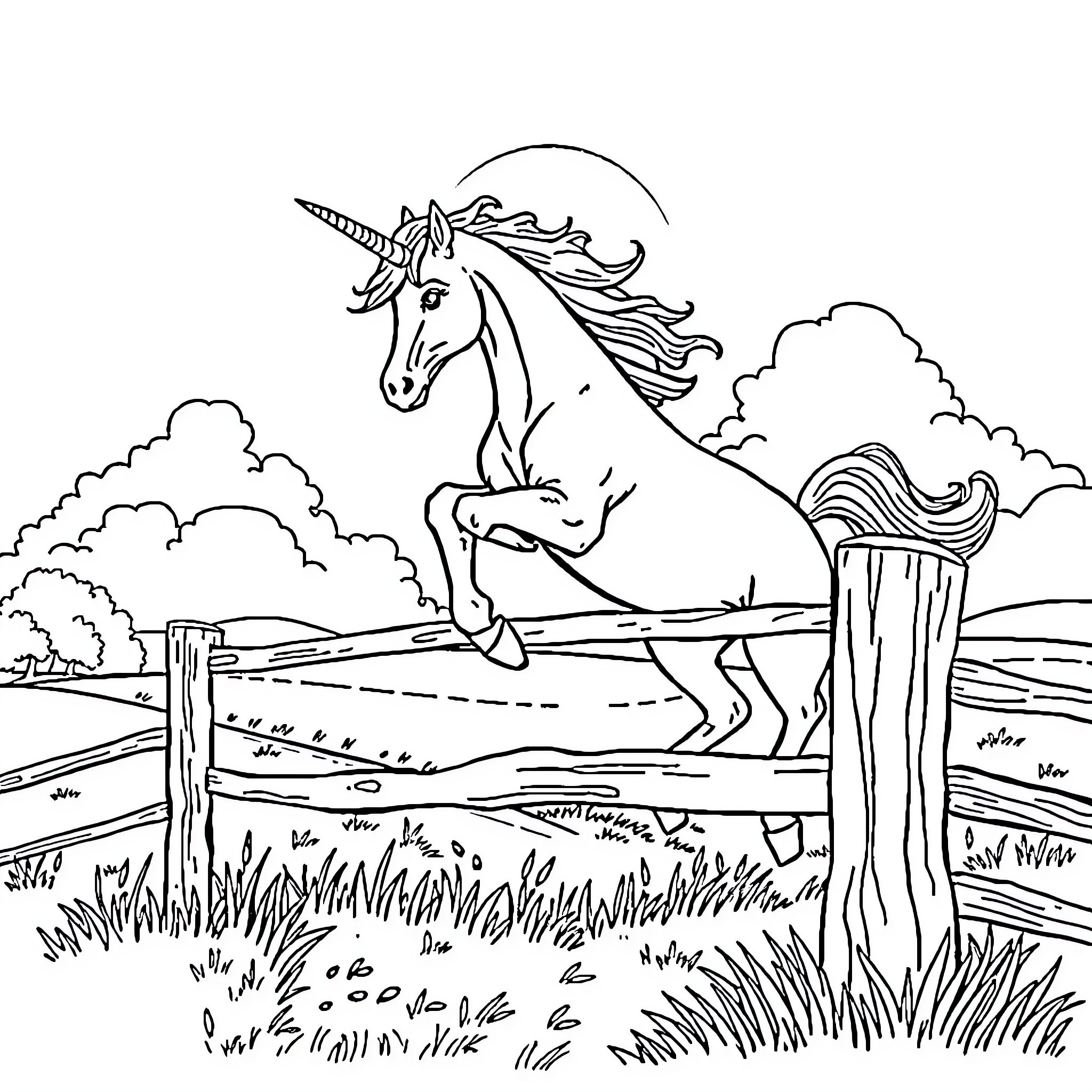 Unicorn leaping gracefully over a fence in a pastoral scene Coloring Page (free black-and-white line drawing printable PDF for all, from beginners to advanced learners, including children, teens, adults, and seniors)