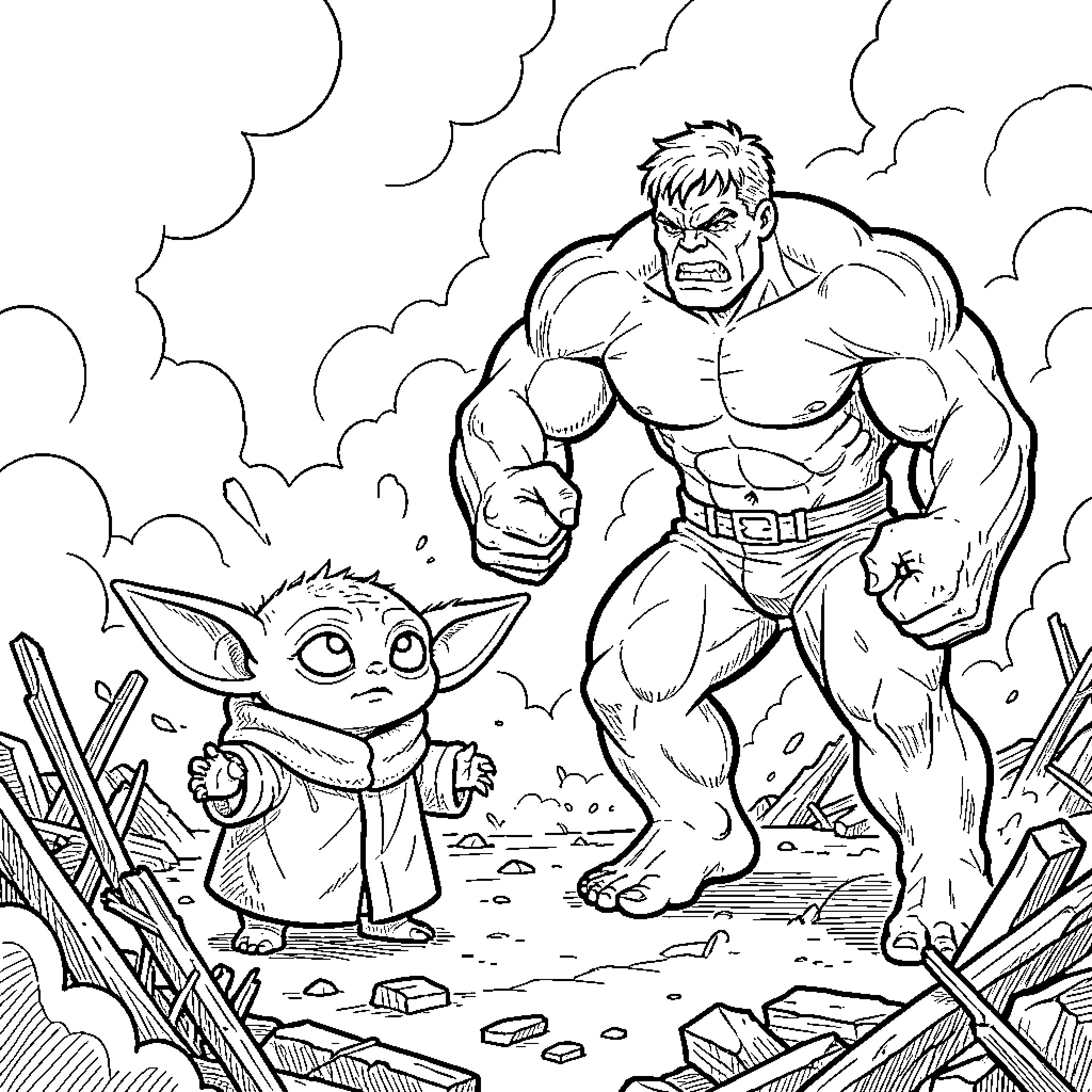 Yoda and the Hulk face off in a battle Coloring Page (free black-and-white line drawing printable PDF for all, from beginners to advanced learners, including children, teens, adults, and seniors)
