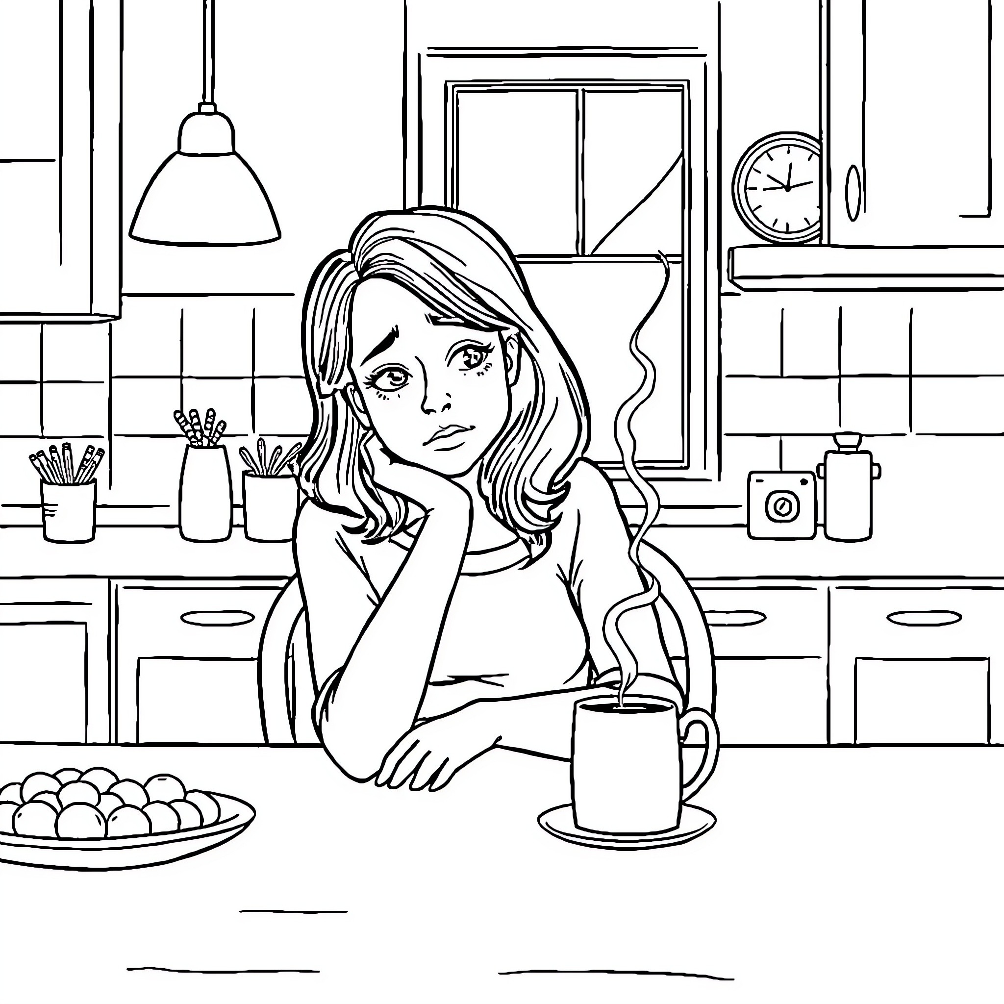 Mom ponders in the kitchen Coloring Page (free black-and-white line drawing printable PDF for all, from beginners to advanced learners, including children, teens, adults, and seniors)