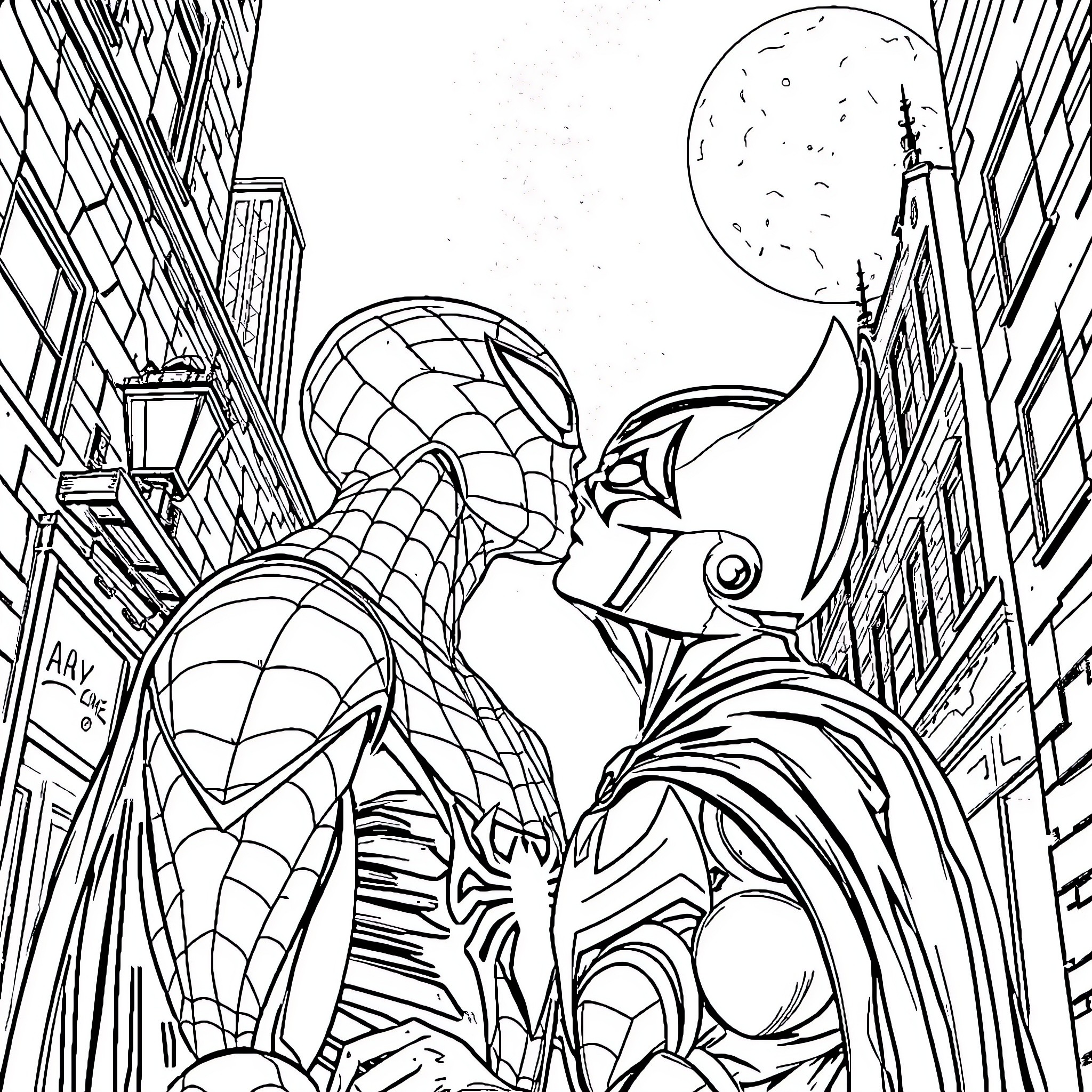 Spiderman in action against a towering city backdrop Coloring Page (free black-and-white line drawing printable PDF for all, from beginners to advanced learners, including children, teens, adults, and seniors)