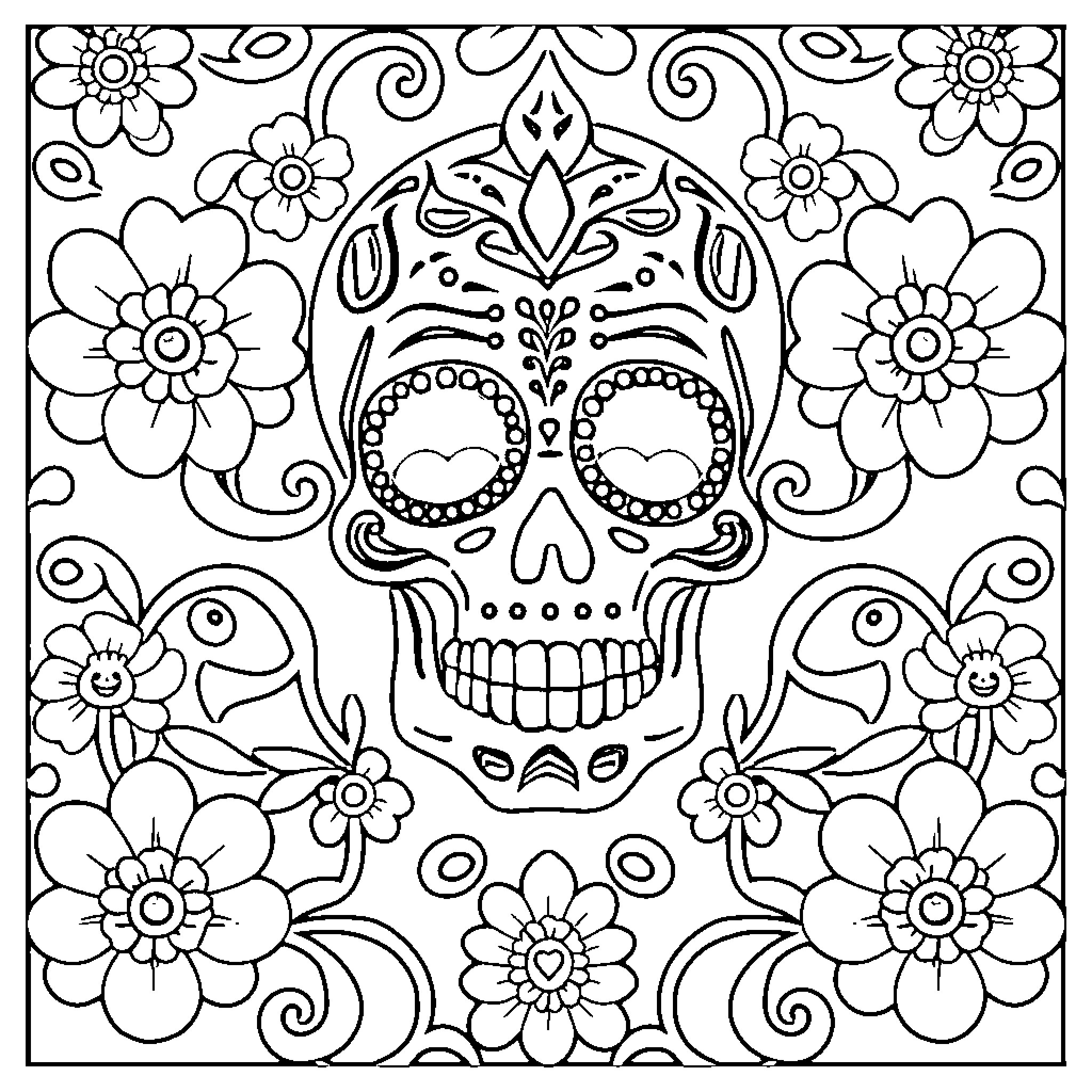 Dia de Muertos decorative skull with flowers Coloring Page (free black-and-white line drawing printable PDF for all, from beginners to advanced learners, including children, teens, adults, and seniors)