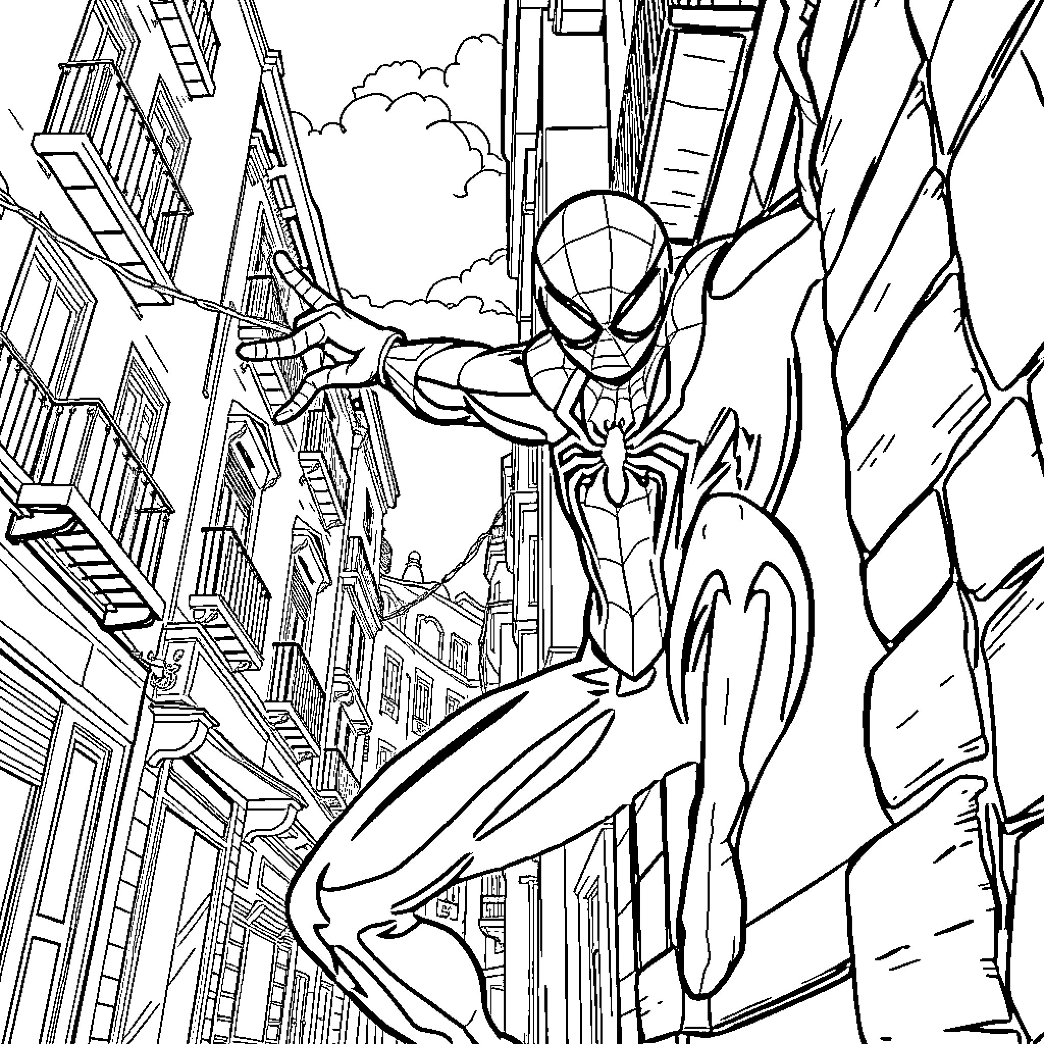 Spiderman swinging through the city Coloring Page (free black-and-white line drawing printable PDF for all, from beginners to advanced learners, including children, teens, adults, and seniors)