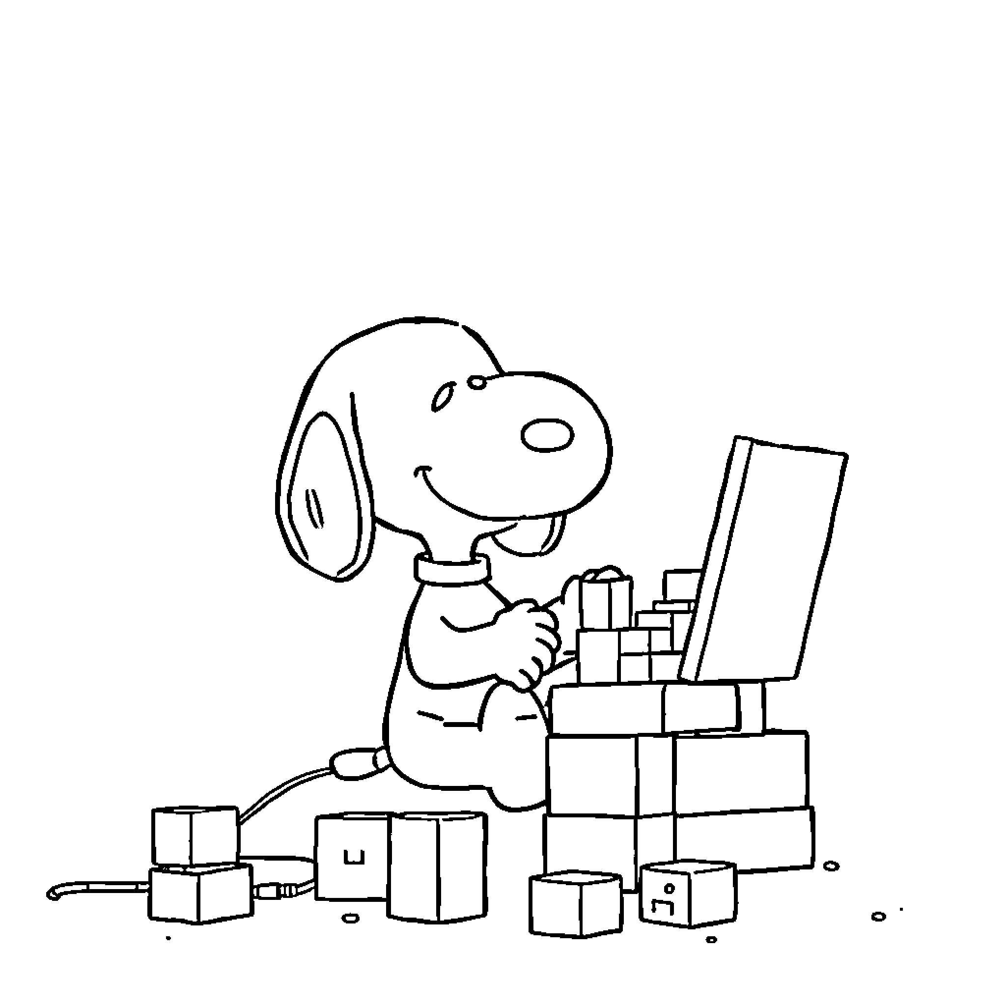 Snoopy playing with building blocks Coloring Page (free black-and-white line drawing printable PDF for all, from beginners to advanced learners, including children, teens, adults, and seniors)