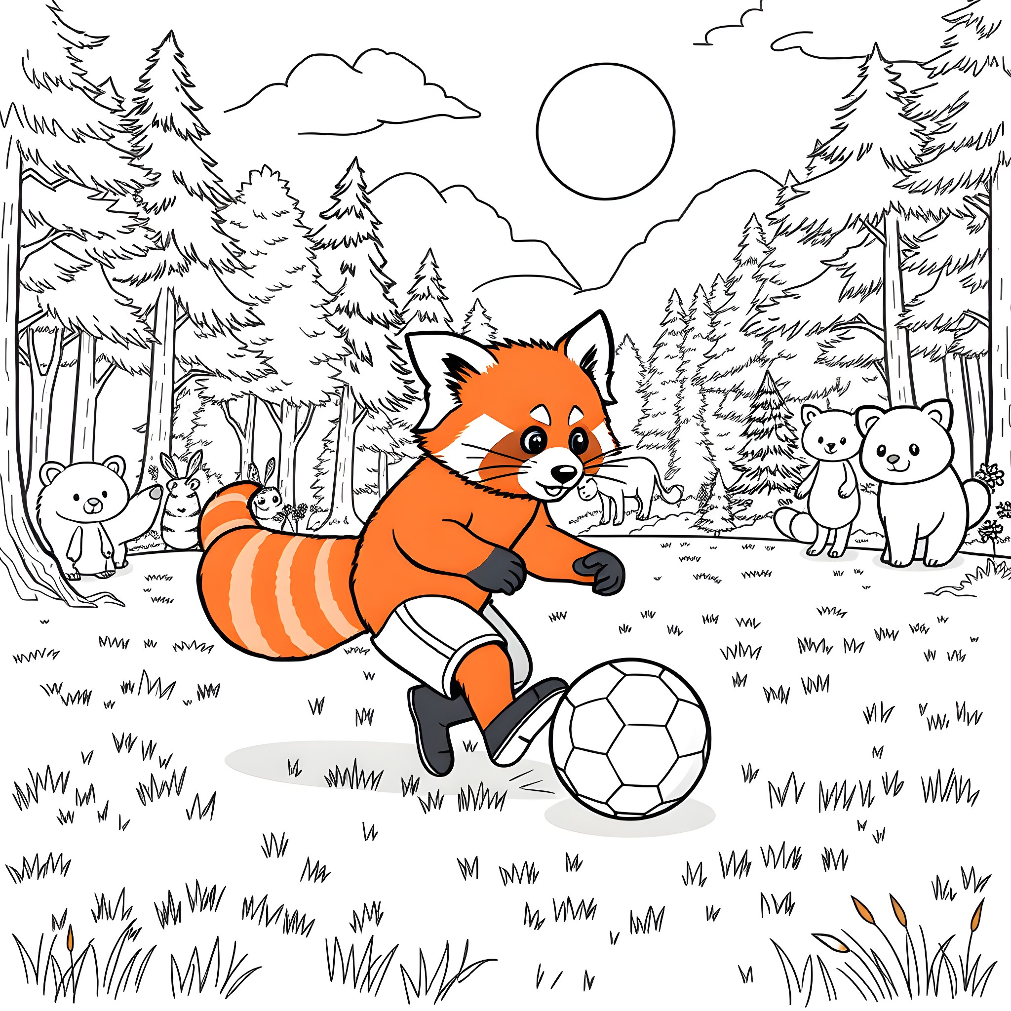 Red Panda playing with a soccer ball in the forest Coloring Page (free black-and-white line drawing printable PDF for all, from beginners to advanced learners, including children, teens, adults, and seniors)
