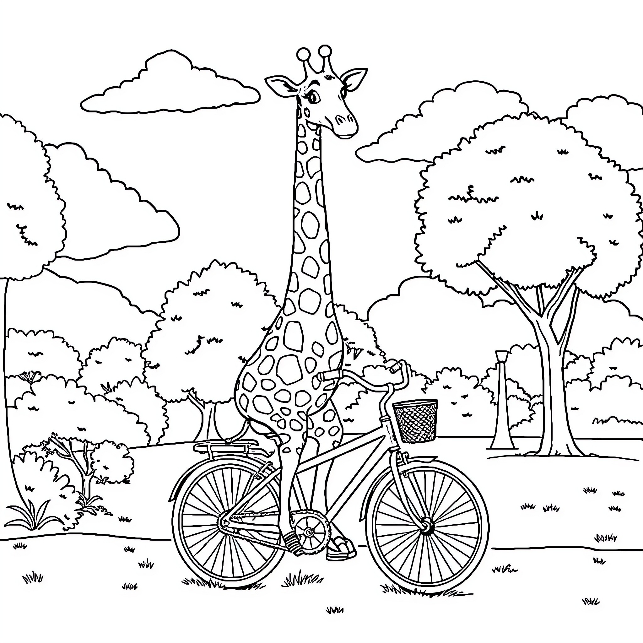 Giraffe riding a bicycle in a park Coloring Page (free black-and-white line drawing printable PDF for all, from beginners to advanced learners, including children, teens, adults, and seniors)