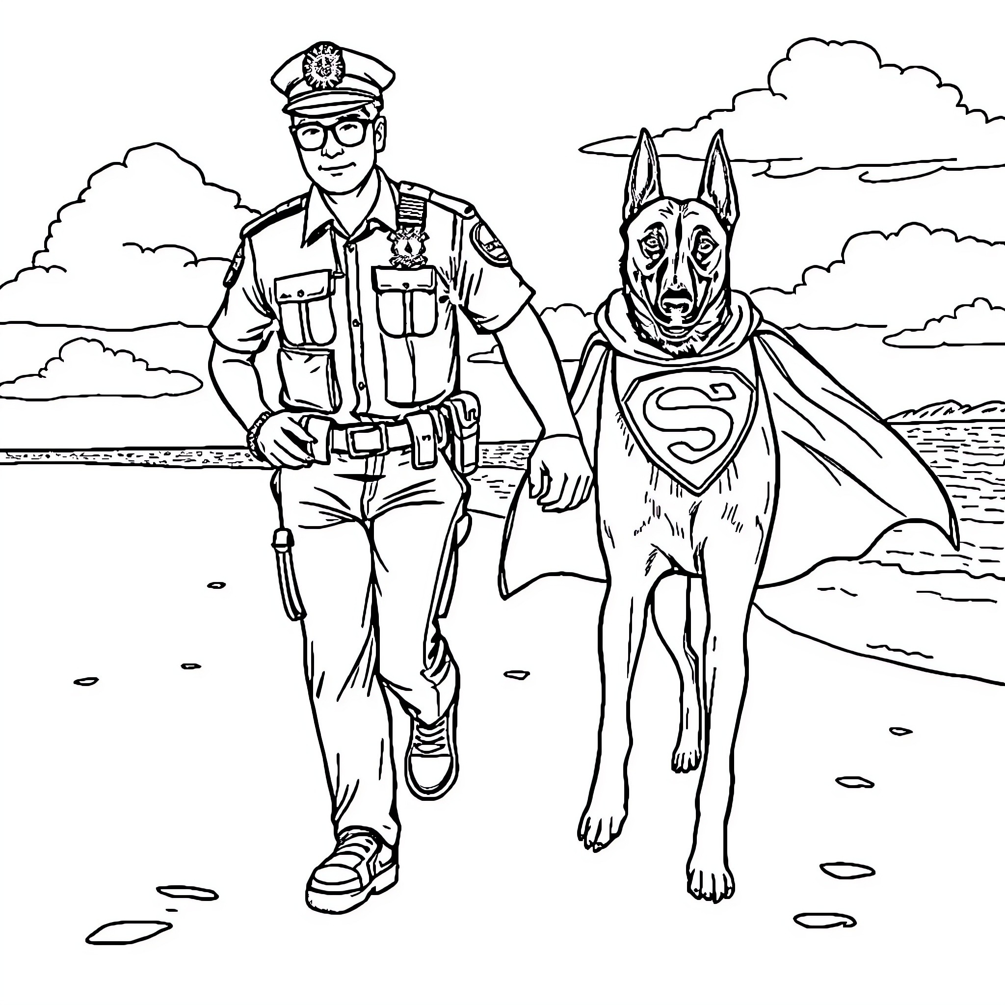 Malinois police dog and officer on patrol Coloring Page (free black-and-white line drawing printable PDF for all, from beginners to advanced learners, including children, teens, adults, and seniors)