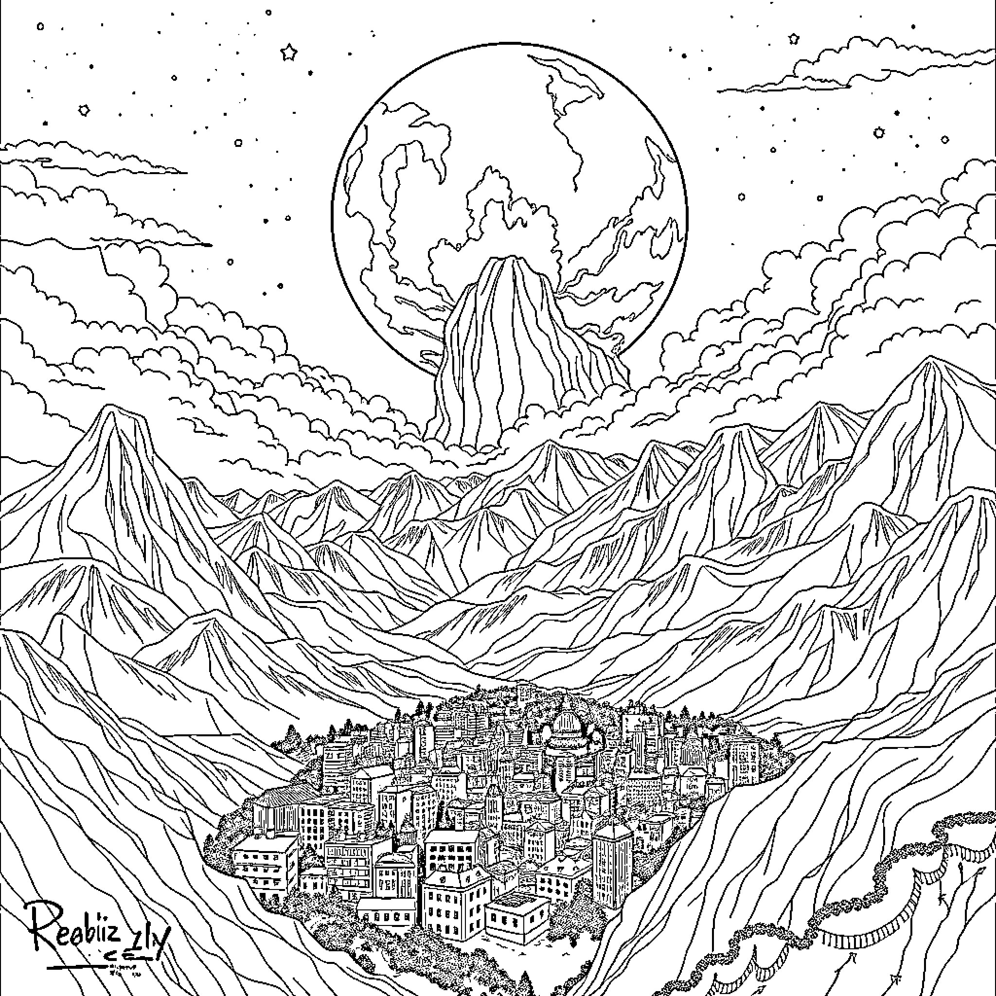 Tentáculo - Mysterious Volcanic Landscape under the Night Sky Coloring Page (free black-and-white line drawing printable PDF for all, from beginners to advanced learners, including children, teens, adults, and seniors)