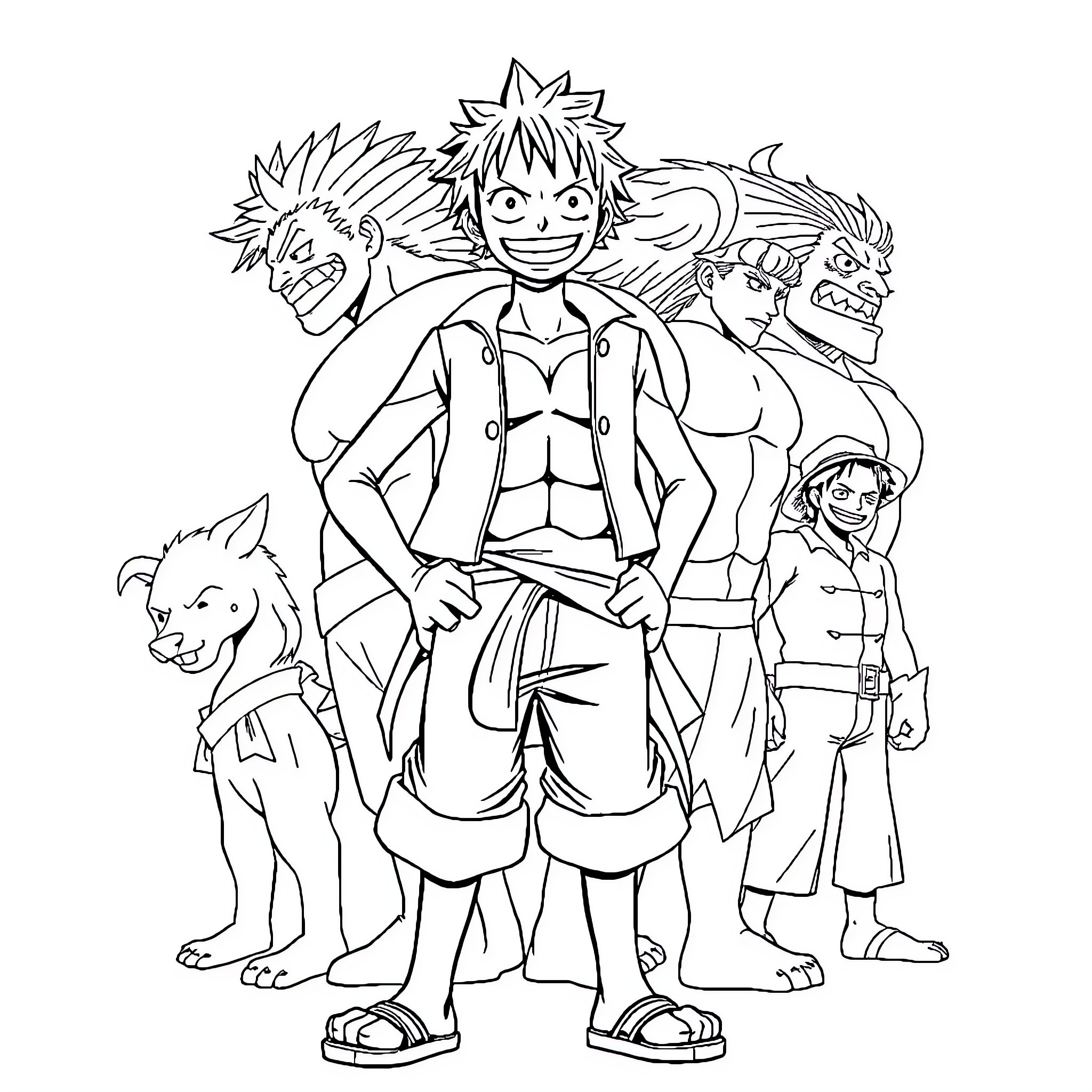 Luffy's Spirited Adventure with Crew Coloring Page (free black-and-white line drawing printable PDF for all, from beginners to advanced learners, including children, teens, adults, and seniors)