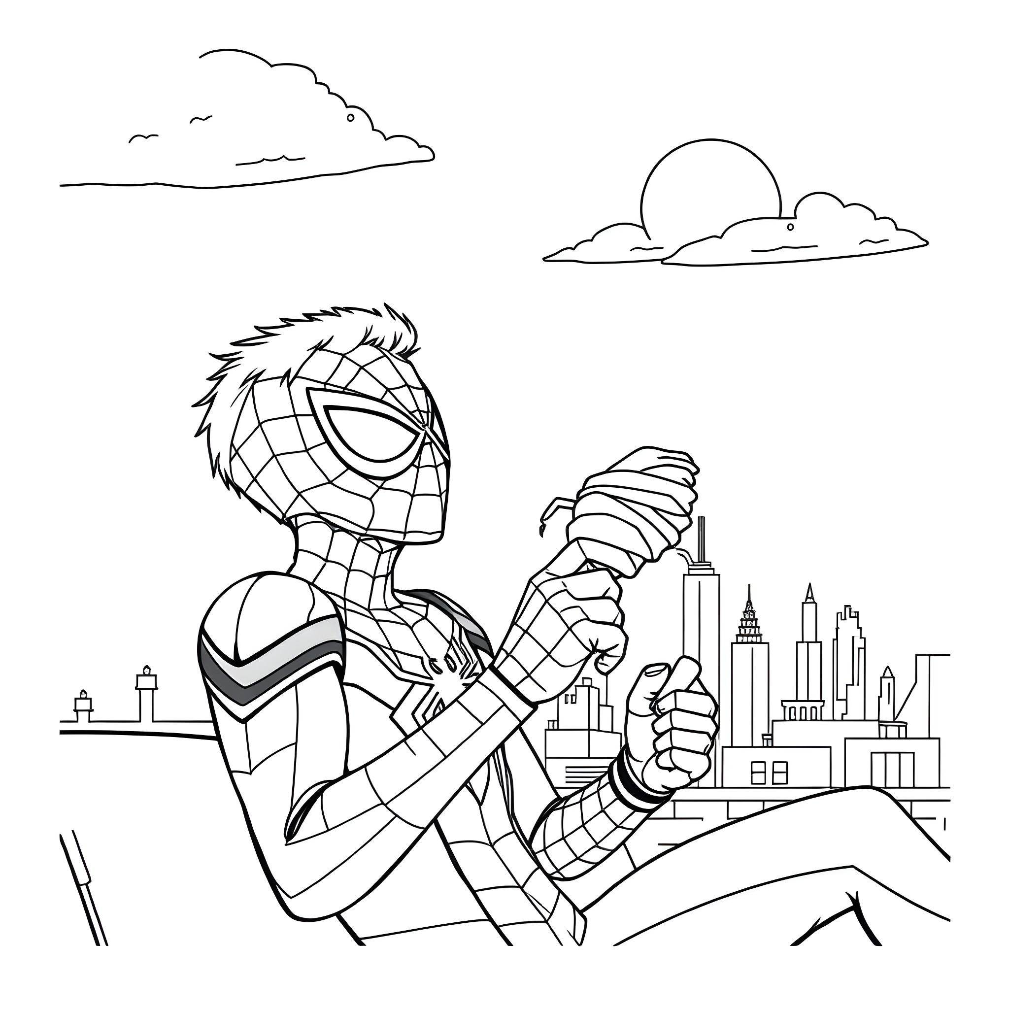 Spiderman overlooking the city in contemplation Coloring Page (free black-and-white line drawing printable PDF for all, from beginners to advanced learners, including children, teens, adults, and seniors)