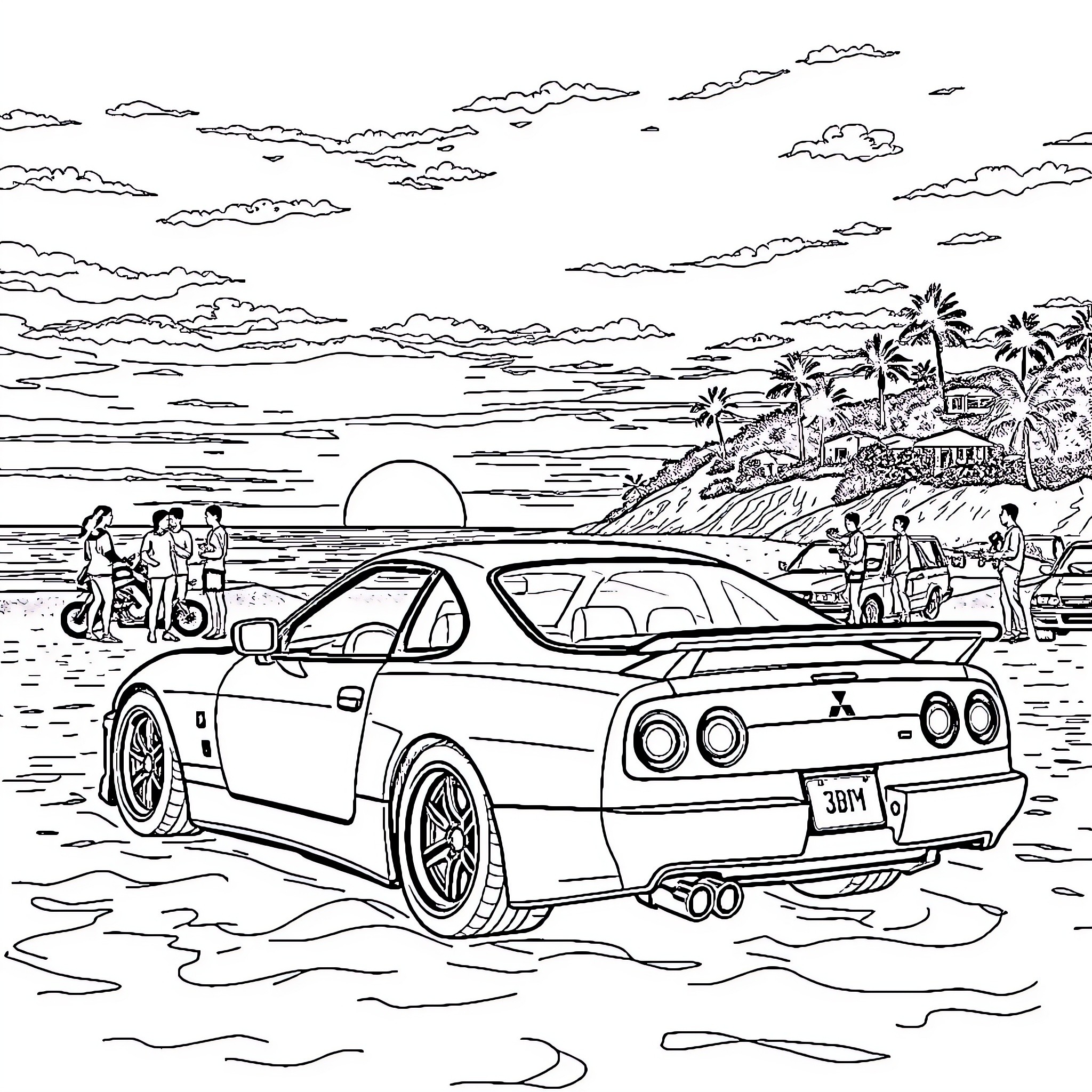Mitsubishi sports car on tropical beach at sunset Coloring Page (free black-and-white line drawing printable PDF for all, from beginners to advanced learners, including children, teens, adults, and seniors)