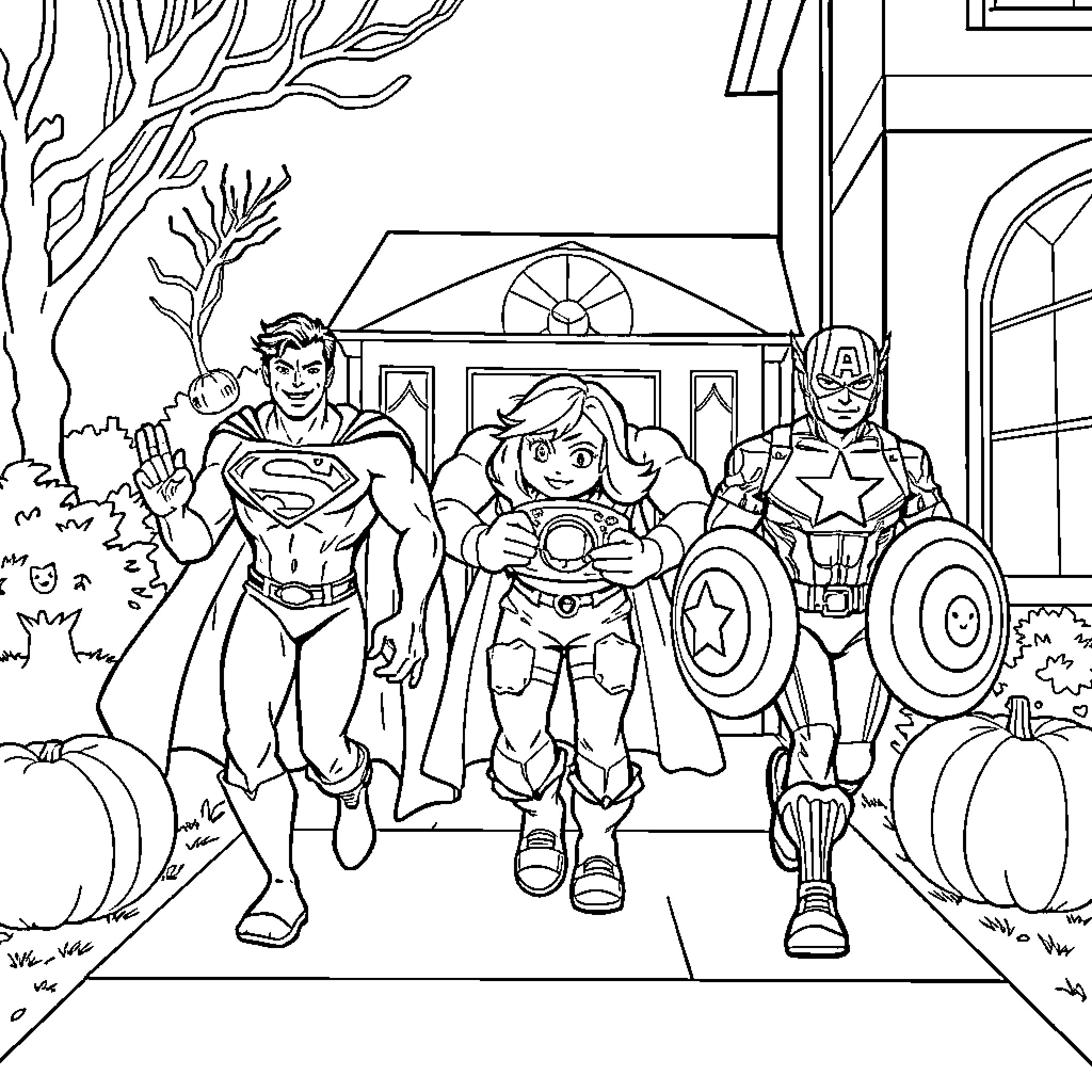 Superhero Trio Saving the Day in the City Coloring Page (free black-and-white line drawing printable PDF for all, from beginners to advanced learners, including children, teens, adults, and seniors)