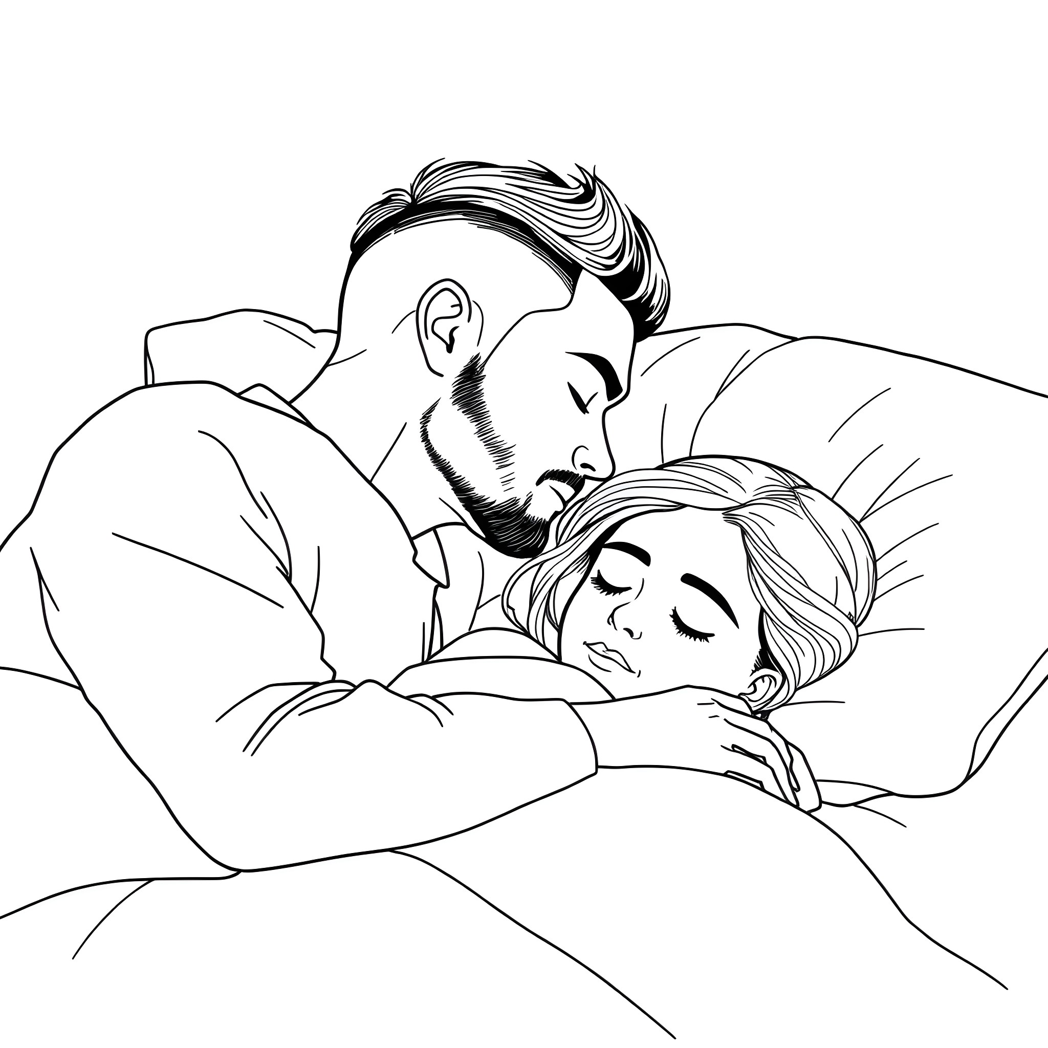 Husband comforting sleeping wife Coloring Page (free black-and-white line drawing printable PDF for all, from beginners to advanced learners, including children, teens, adults, and seniors)