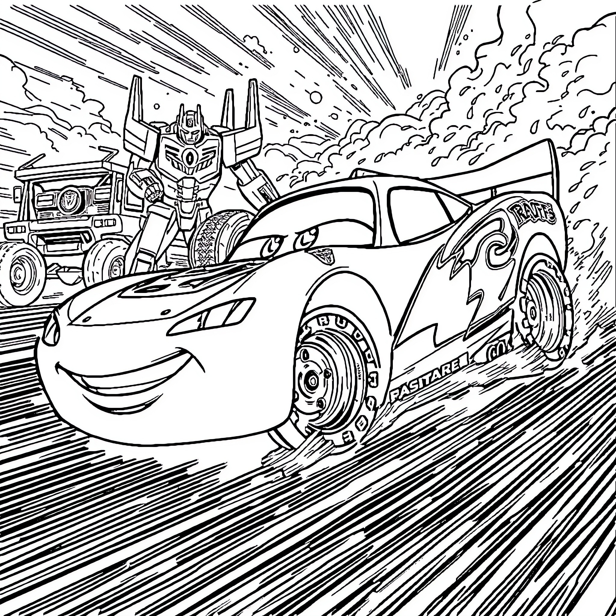 Flash McQueen's Thrilling Race with Giant Robot Coloring Page (free black-and-white line drawing printable PDF for all, from beginners to advanced learners, including children, teens, adults, and seniors)