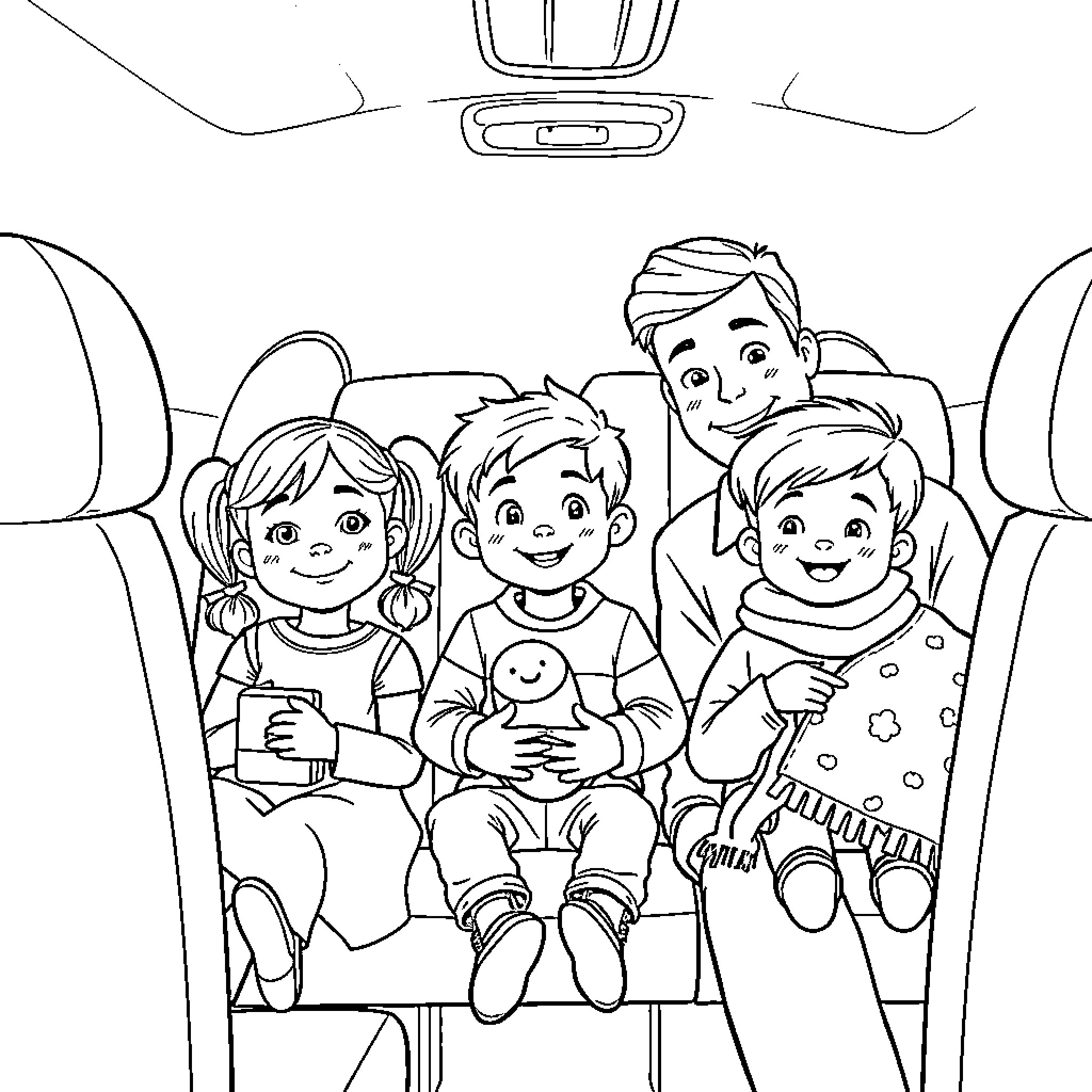 Kid family enjoying road trip in car Coloring Page (free black-and-white line drawing printable PDF for all, from beginners to advanced learners, including children, teens, adults, and seniors)