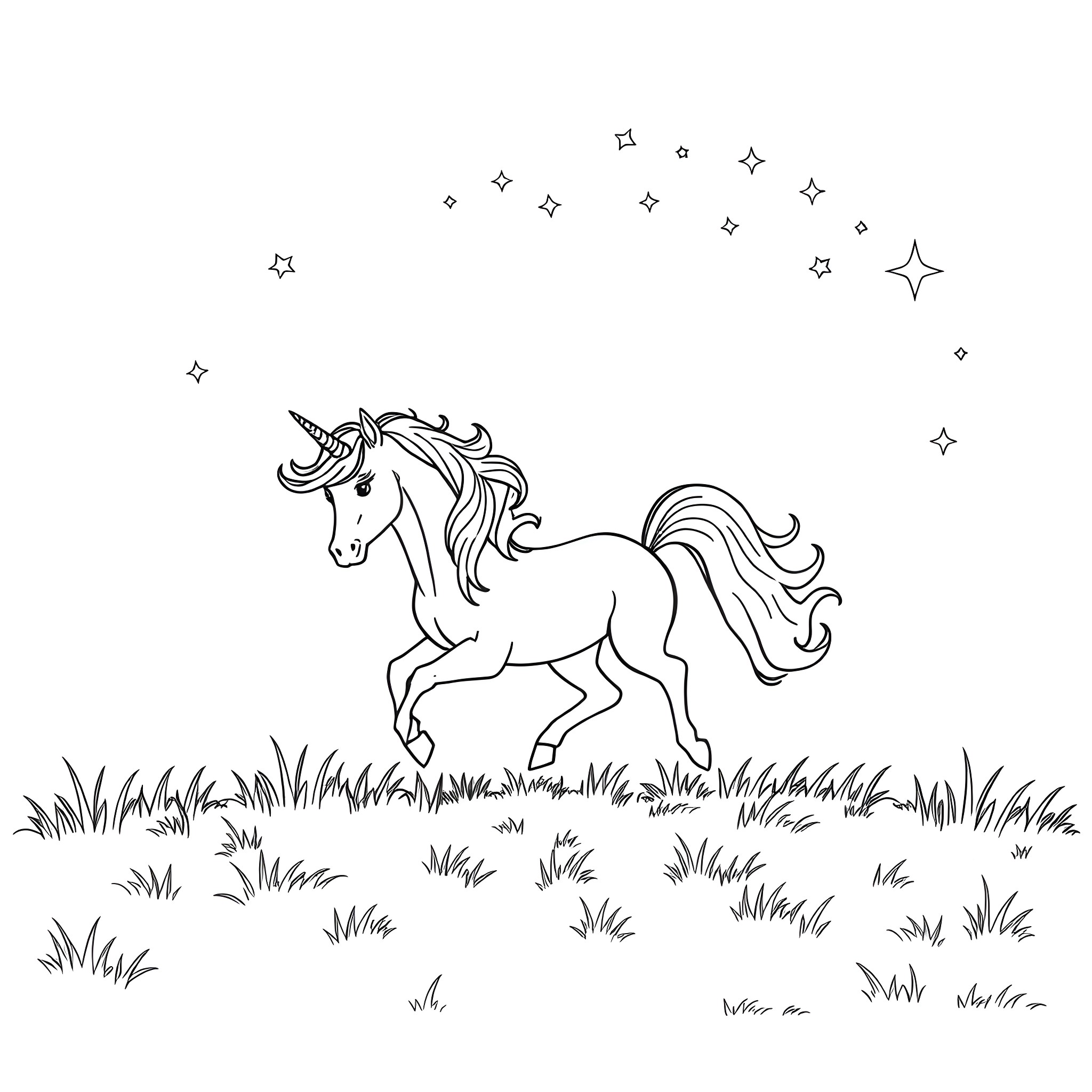 Unicorn galloping through a starry field Coloring Page (free black-and-white line drawing printable PDF for all, from beginners to advanced learners, including children, teens, adults, and seniors)