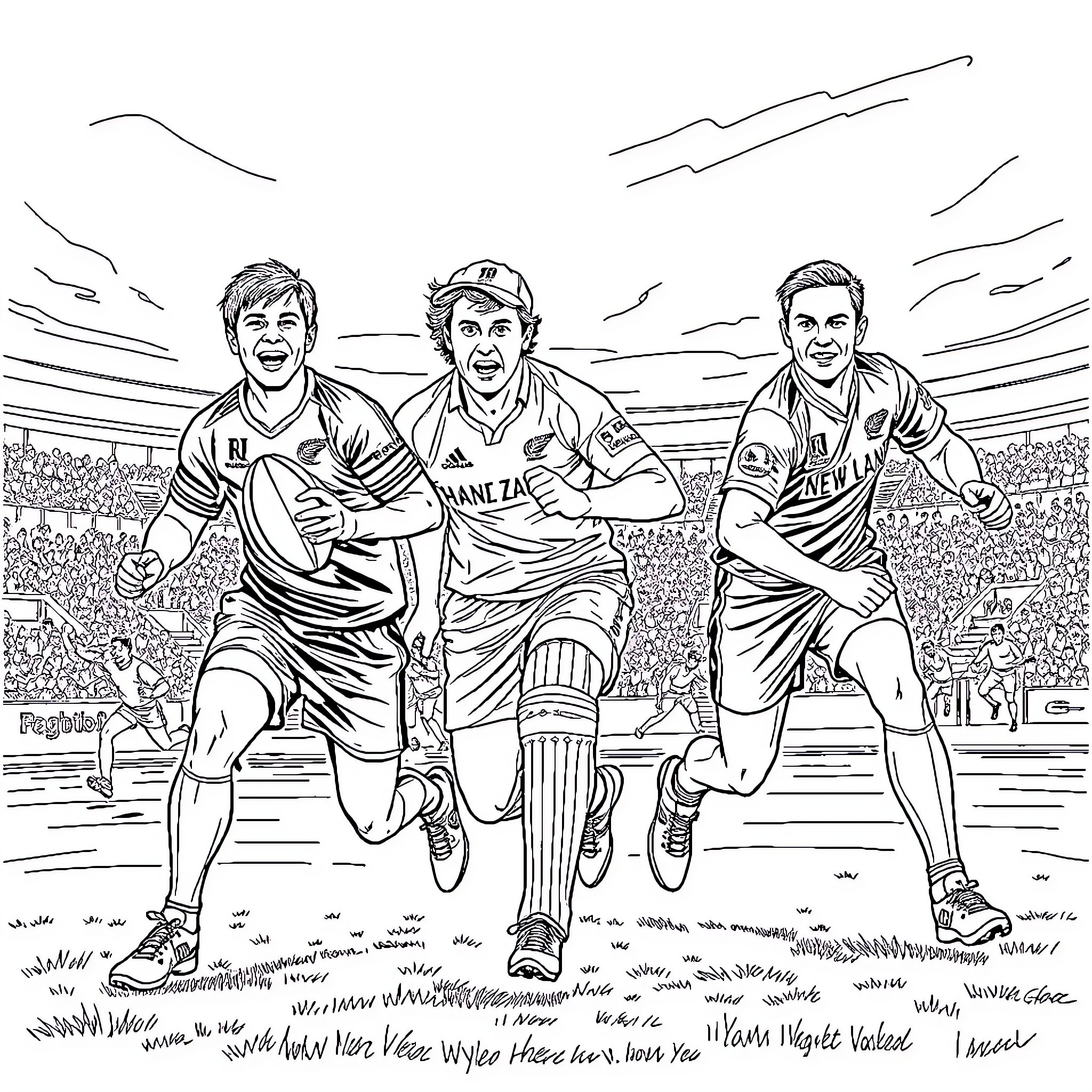 Sports Stars Competing in Cricket Match Coloring Page (free black-and-white line drawing printable PDF for all, from beginners to advanced learners, including children, teens, adults, and seniors)