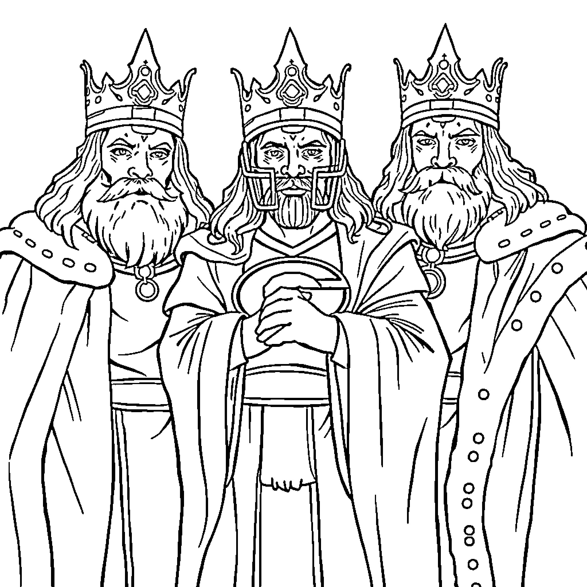 Packers' royal court in royal attire and crowns Coloring Page (free black-and-white line drawing printable PDF for all, from beginners to advanced learners, including children, teens, adults, and seniors)