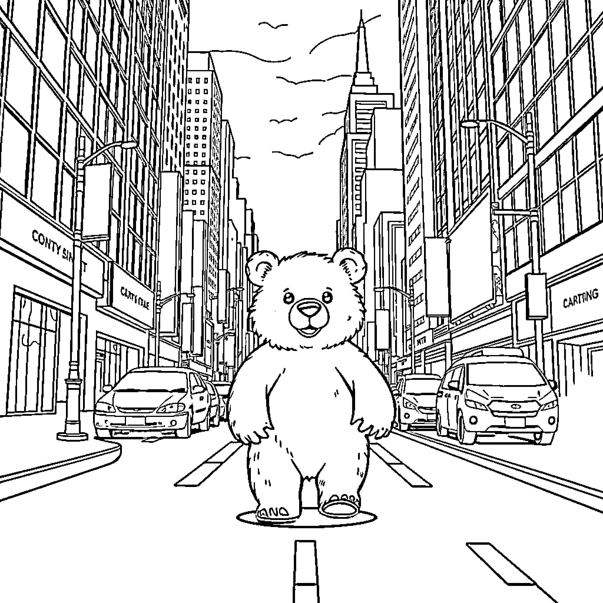 Bear exploring the bustling city streets Coloring Page (free black-and-white line drawing printable PDF for all, from beginners to advanced learners, including children, teens, adults, and seniors)