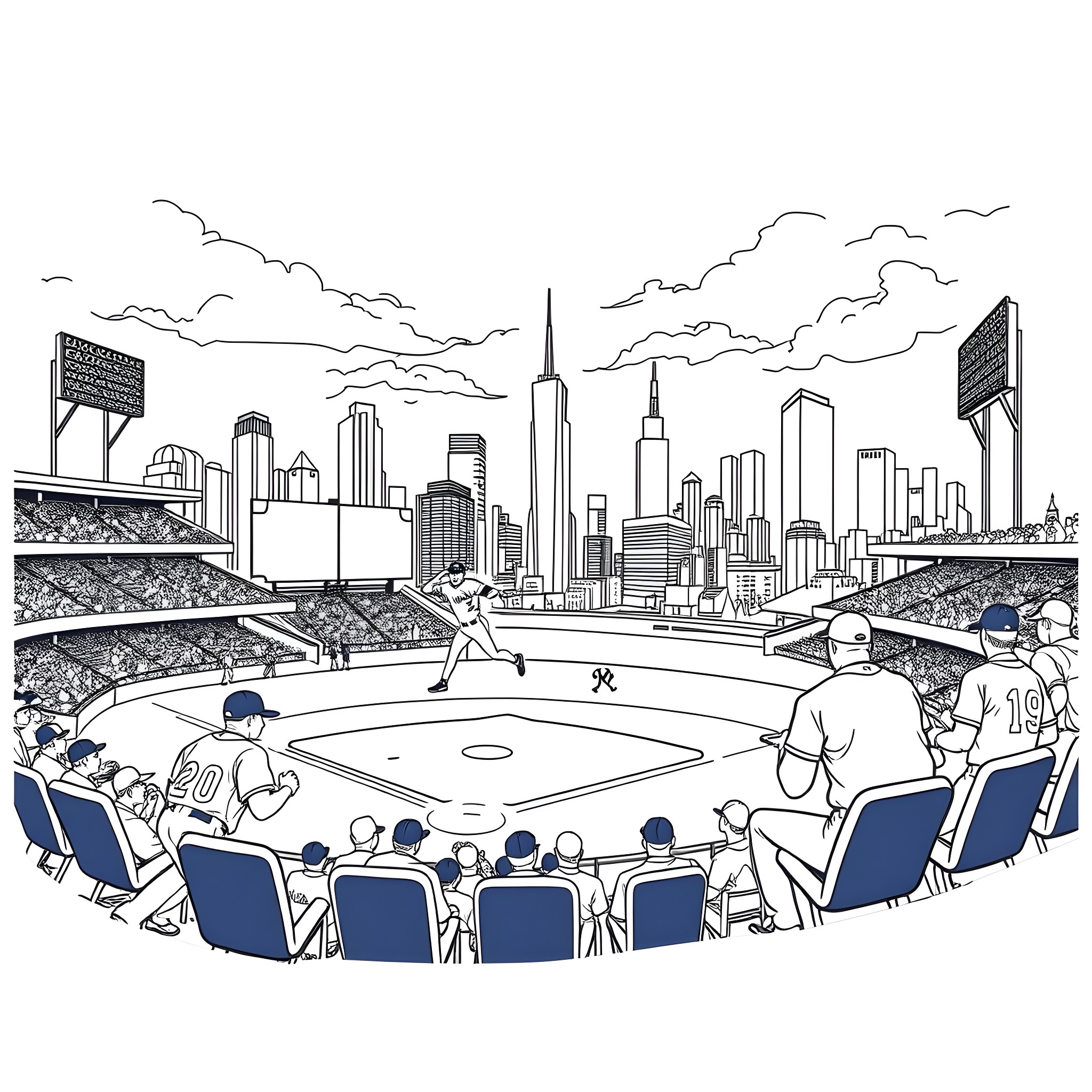 Mets playing baseball in the city Coloring Page (free black-and-white line drawing printable PDF for all, from beginners to advanced learners, including children, teens, adults, and seniors)
