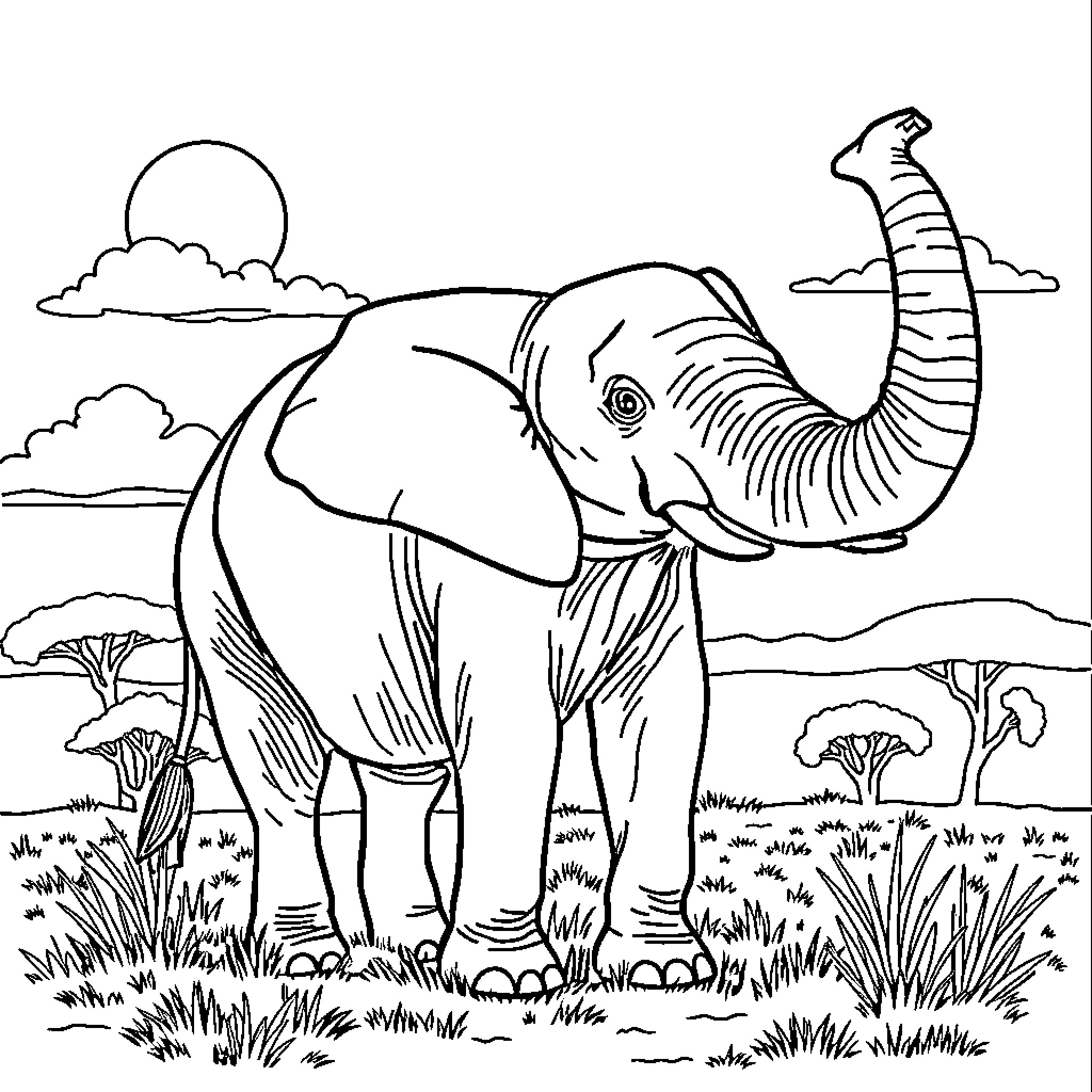 Elephant enjoying the African landscape Coloring Page (free black-and-white line drawing printable PDF for all, from beginners to advanced learners, including children, teens, adults, and seniors)