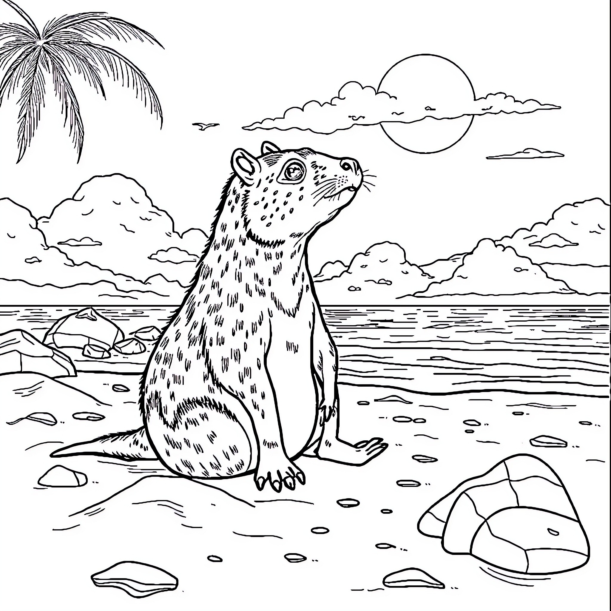 Capybara enjoying the tropical beach scenery Coloring Page (free black-and-white line drawing printable PDF for all, from beginners to advanced learners, including children, teens, adults, and seniors)