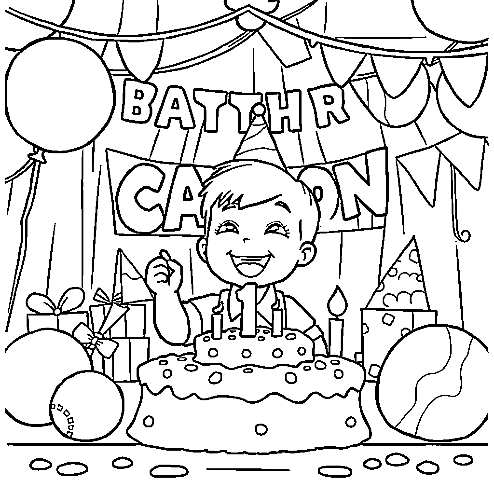 Birthday Celebration with Decorations and Cake Coloring Page (free black-and-white line drawing printable PDF for all, from beginners to advanced learners, including children, teens, adults, and seniors)