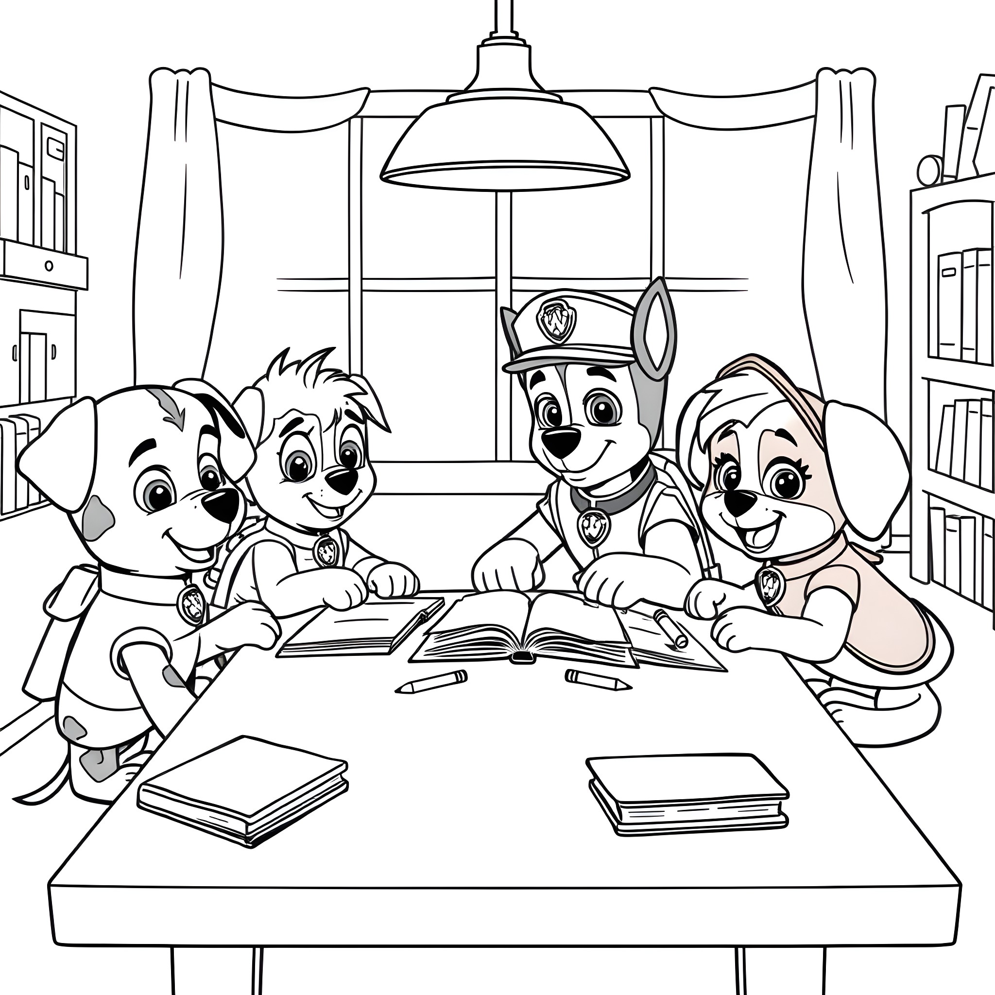 Paw Patrol studying together in the library Coloring Page (free black-and-white line drawing printable PDF for all, from beginners to advanced learners, including children, teens, adults, and seniors)