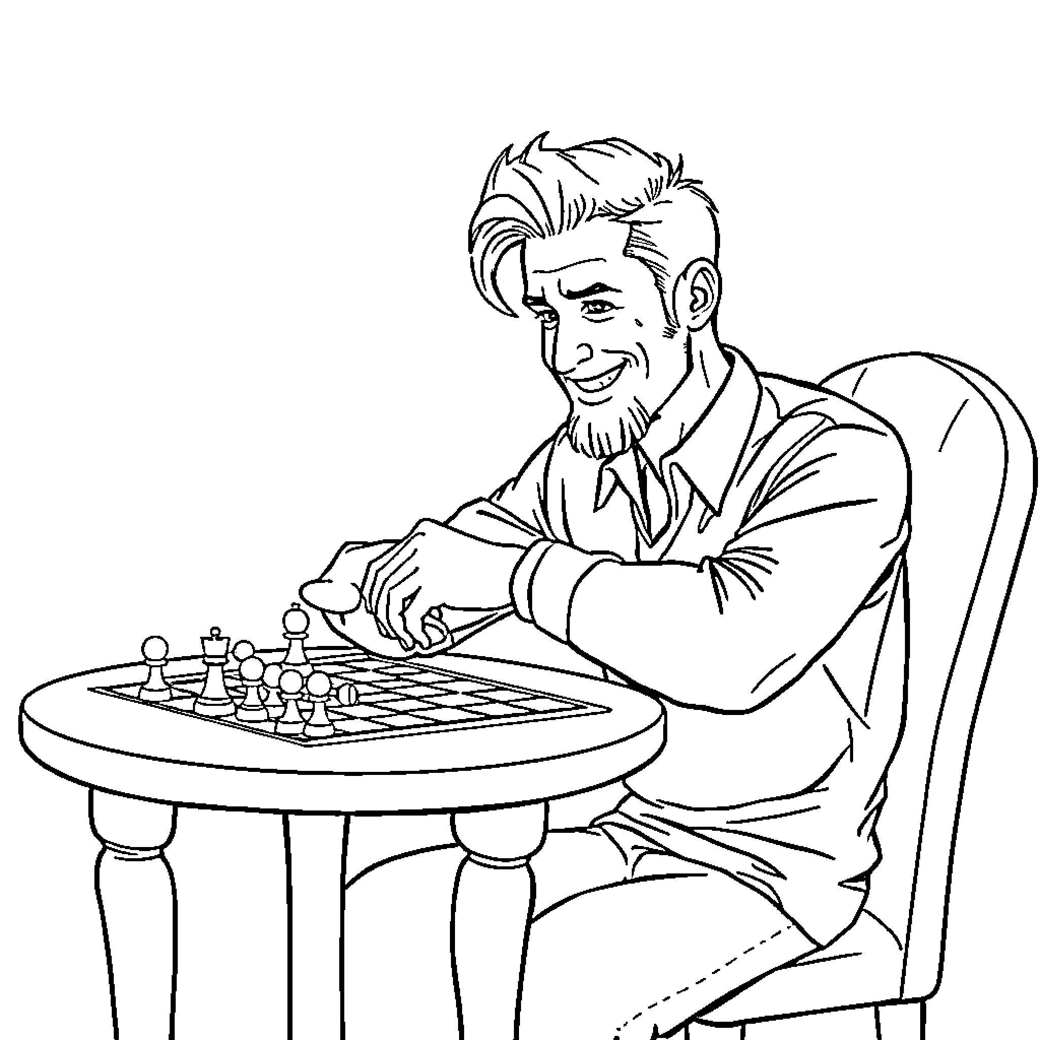 Eric Northman playing chess intently Coloring Page (free black-and-white line drawing printable PDF for all, from beginners to advanced learners, including children, teens, adults, and seniors)