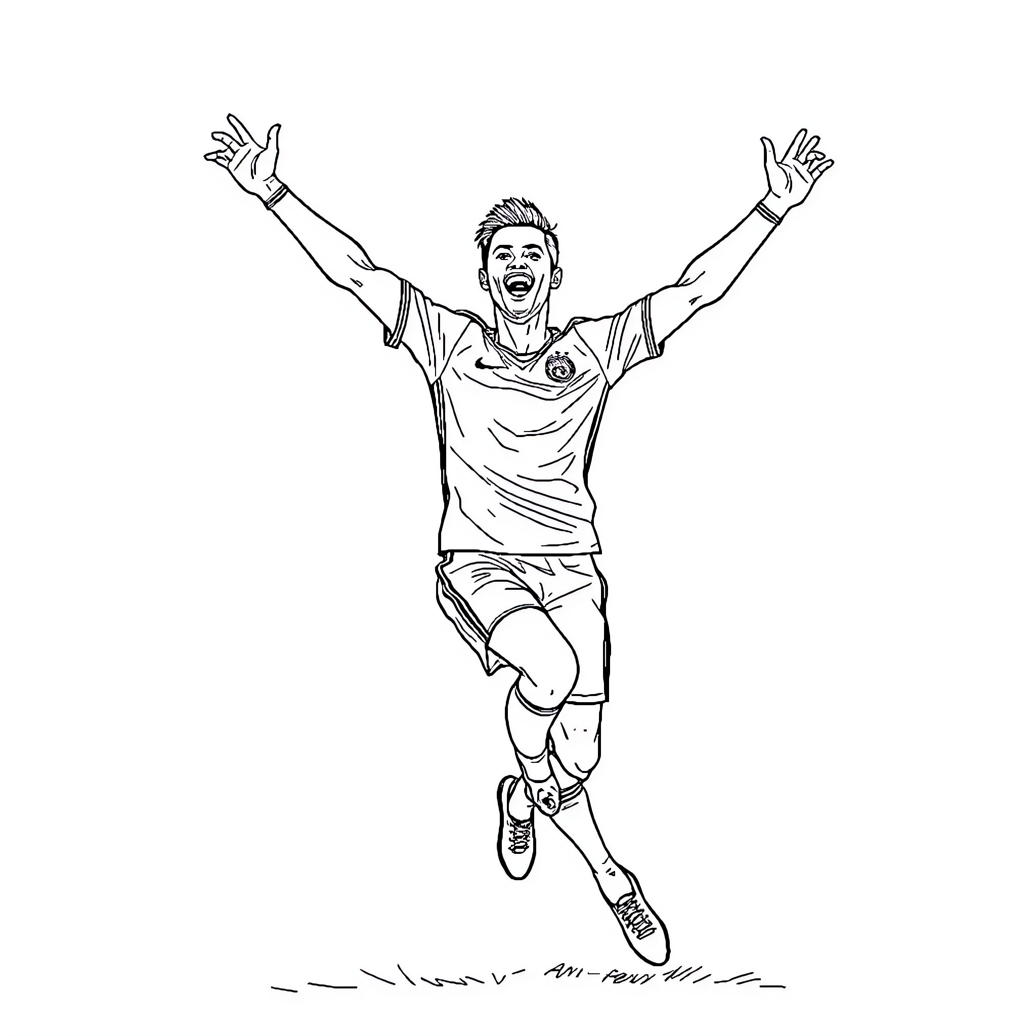 Cristiano Ronaldo celebrates goal with arms raised Coloring Page (free black-and-white line drawing printable PDF for all, from beginners to advanced learners, including children, teens, adults, and seniors)
