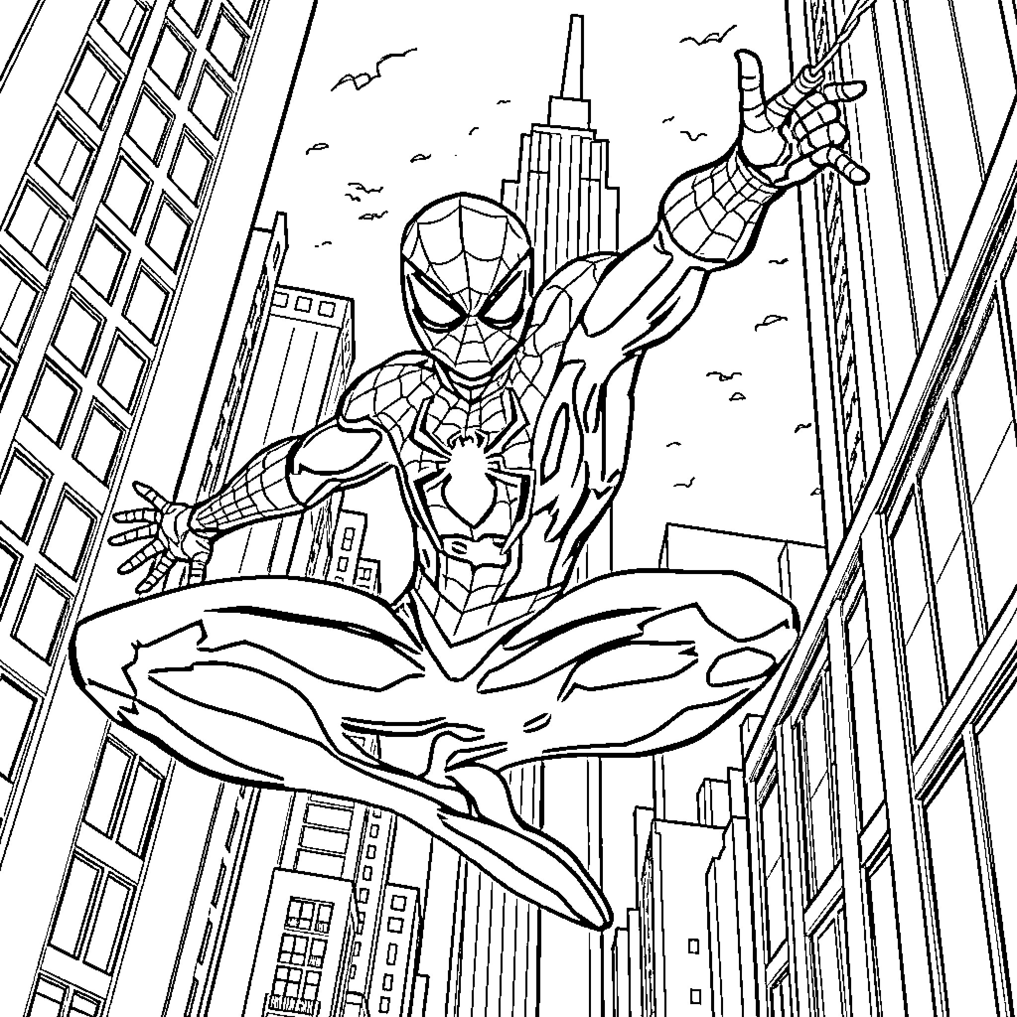 Spiderman swinging through the city skyline Coloring Page (free black-and-white line drawing printable PDF for all, from beginners to advanced learners, including children, teens, adults, and seniors)