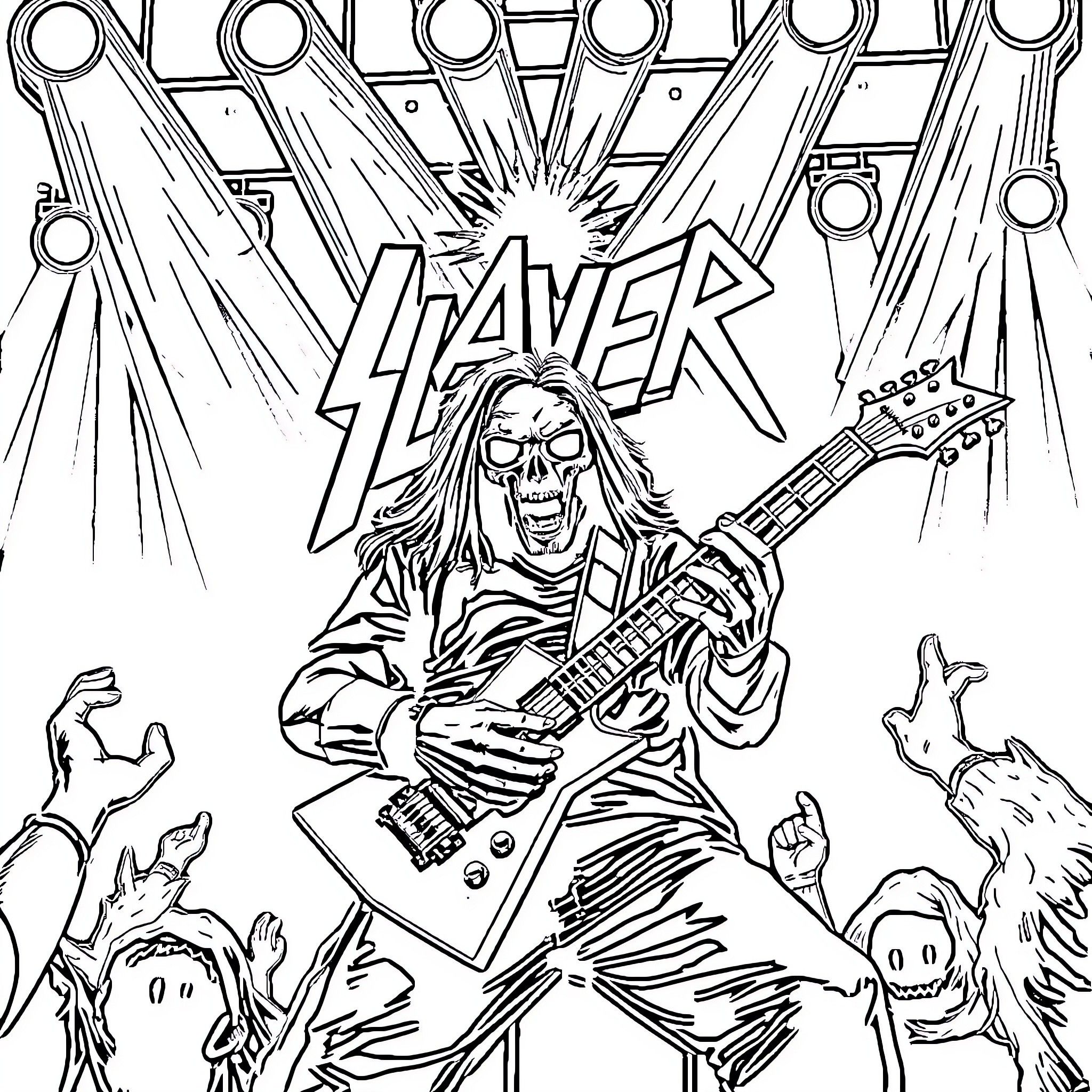 Slayer Shredding on Stage with Intense Energy Coloring Page (free black-and-white line drawing printable PDF for all, from beginners to advanced learners, including children, teens, adults, and seniors)