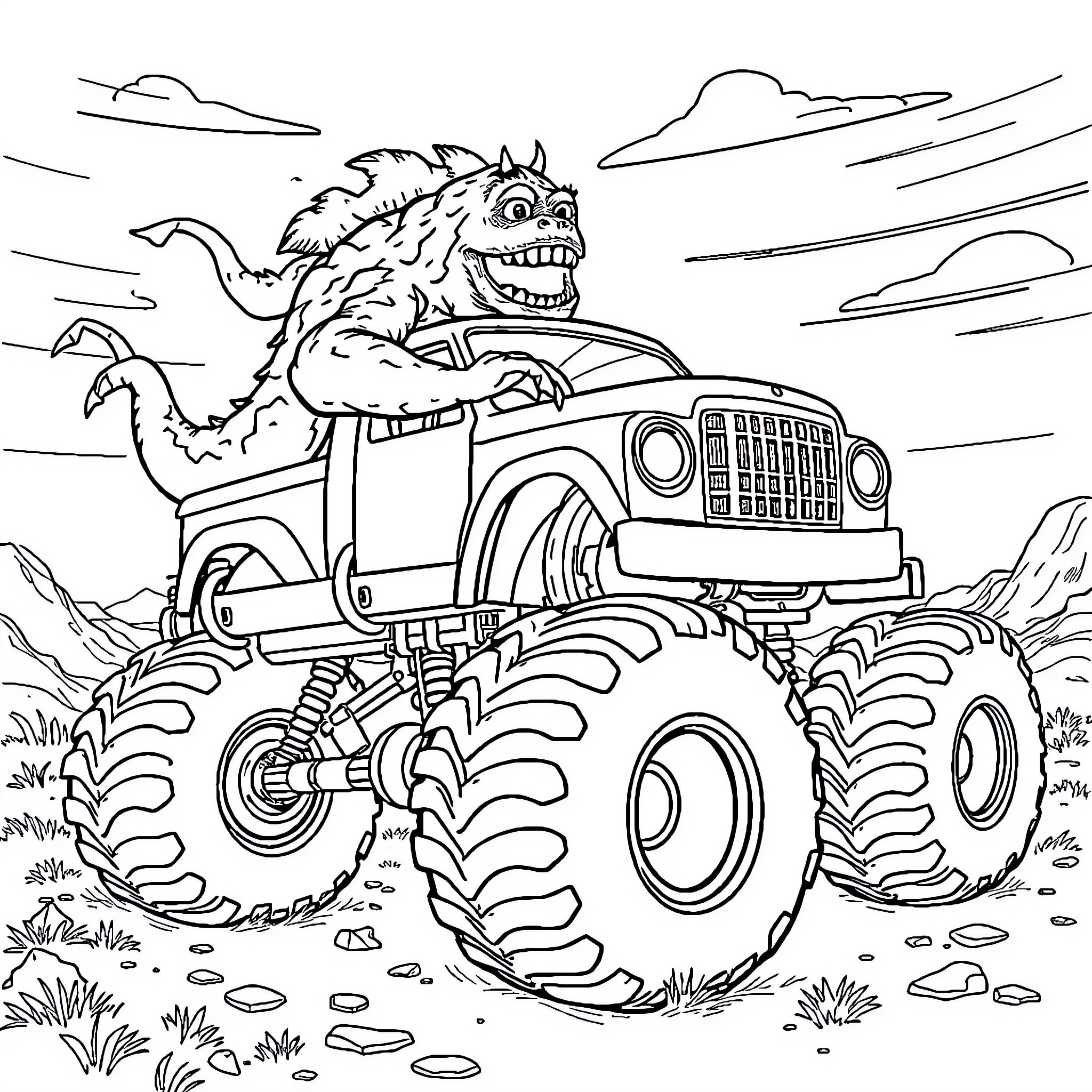 Monster driving a powerful off-road vehicle Coloring Page (free black-and-white line drawing printable PDF for all, from beginners to advanced learners, including children, teens, adults, and seniors)