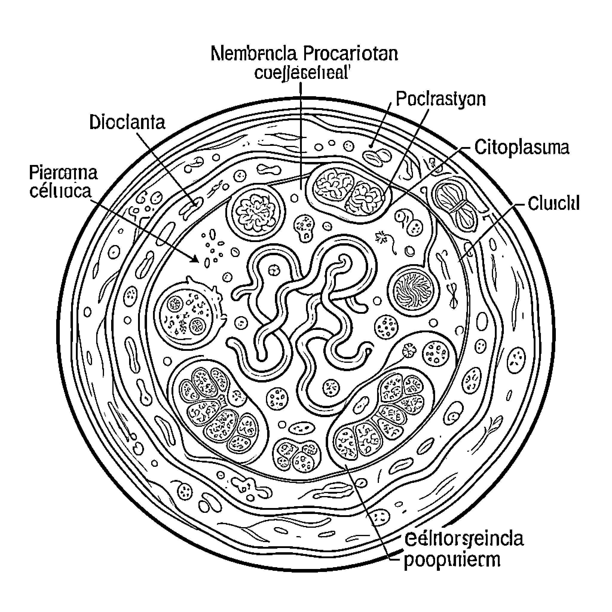 Procariota: Cellular components of a prokaryotic cell Coloring Page (free black-and-white line drawing printable PDF for all, from beginners to advanced learners, including children, teens, adults, and seniors)