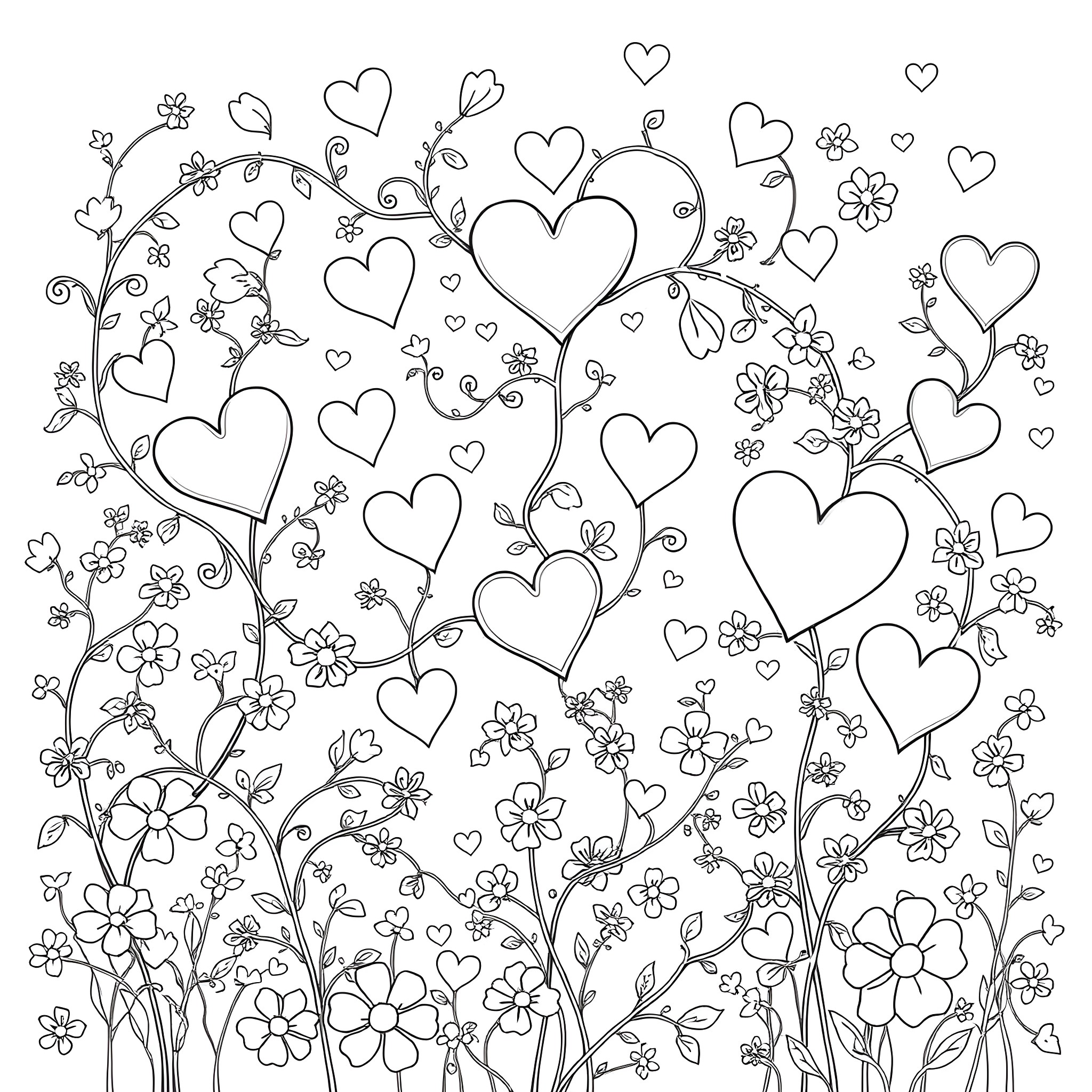 Valentine Flowers and Hearts Surrounded by Nature Coloring Page (free black-and-white line drawing printable PDF for all, from beginners to advanced learners, including children, teens, adults, and seniors)