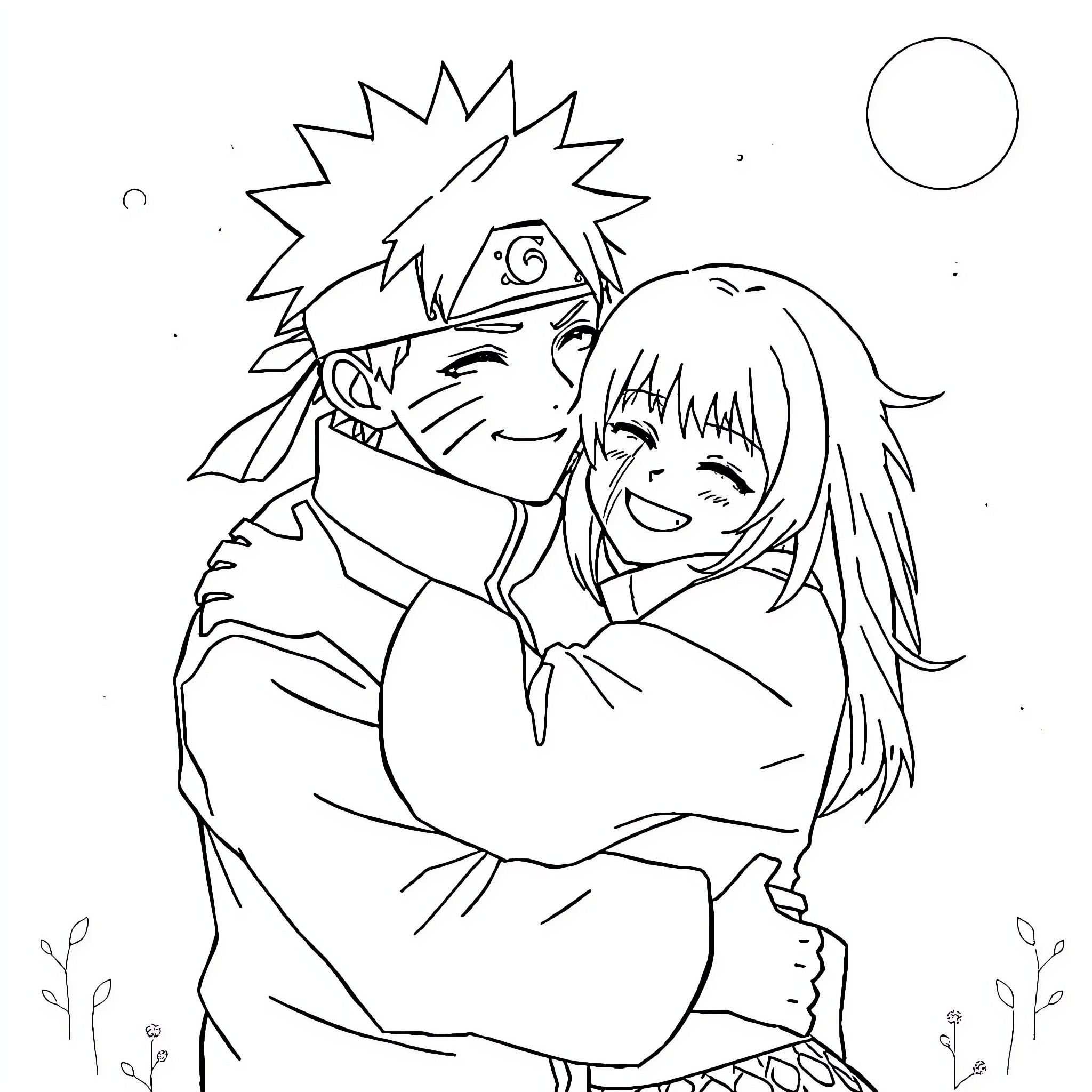 Naruto and Friend Embracing Happily Coloring Page (free black-and-white line drawing printable PDF for all, from beginners to advanced learners, including children, teens, adults, and seniors)