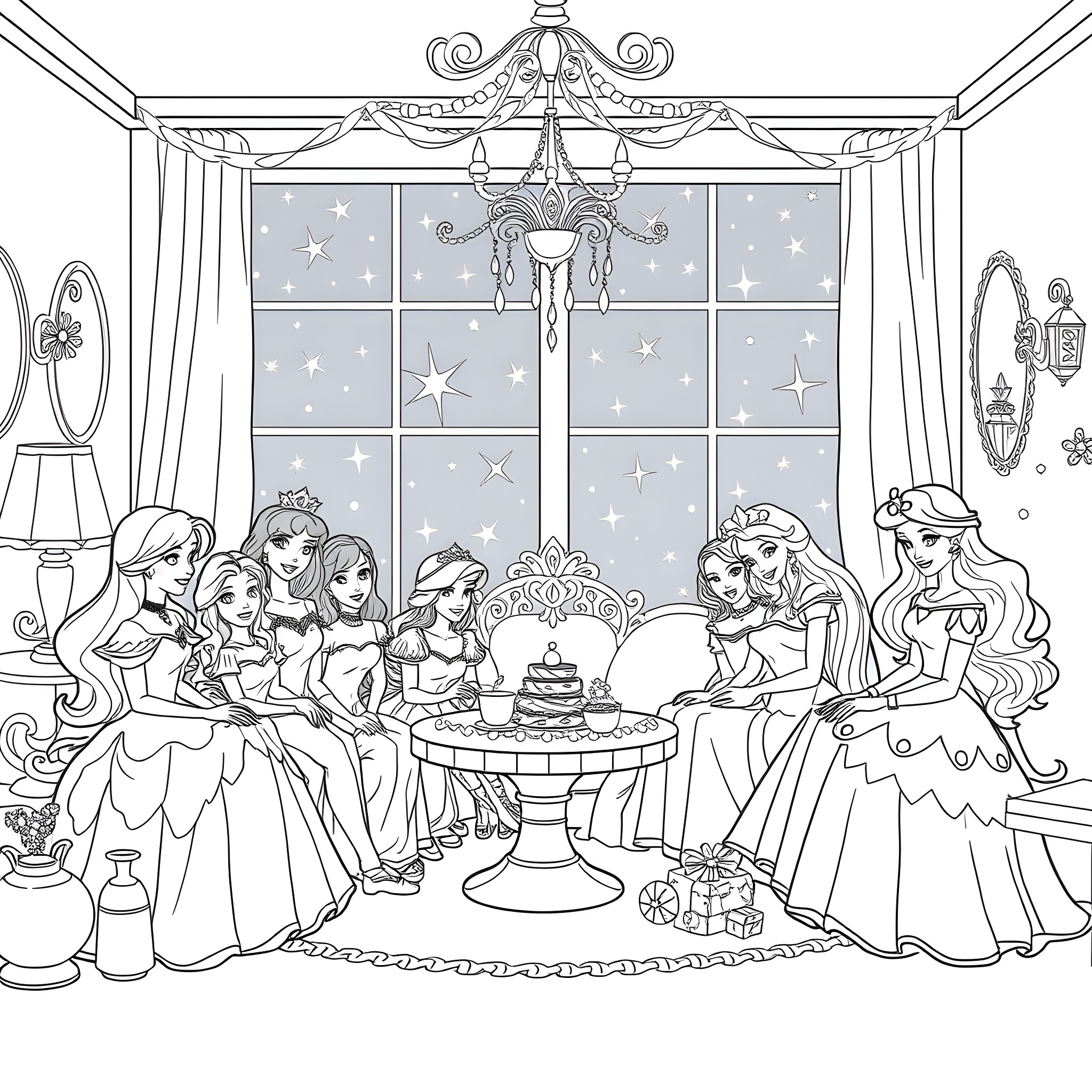 Disney Princesses Enjoying a Royal Celebration Coloring Page (free black-and-white line drawing printable PDF for all, from beginners to advanced learners, including children, teens, adults, and seniors)
