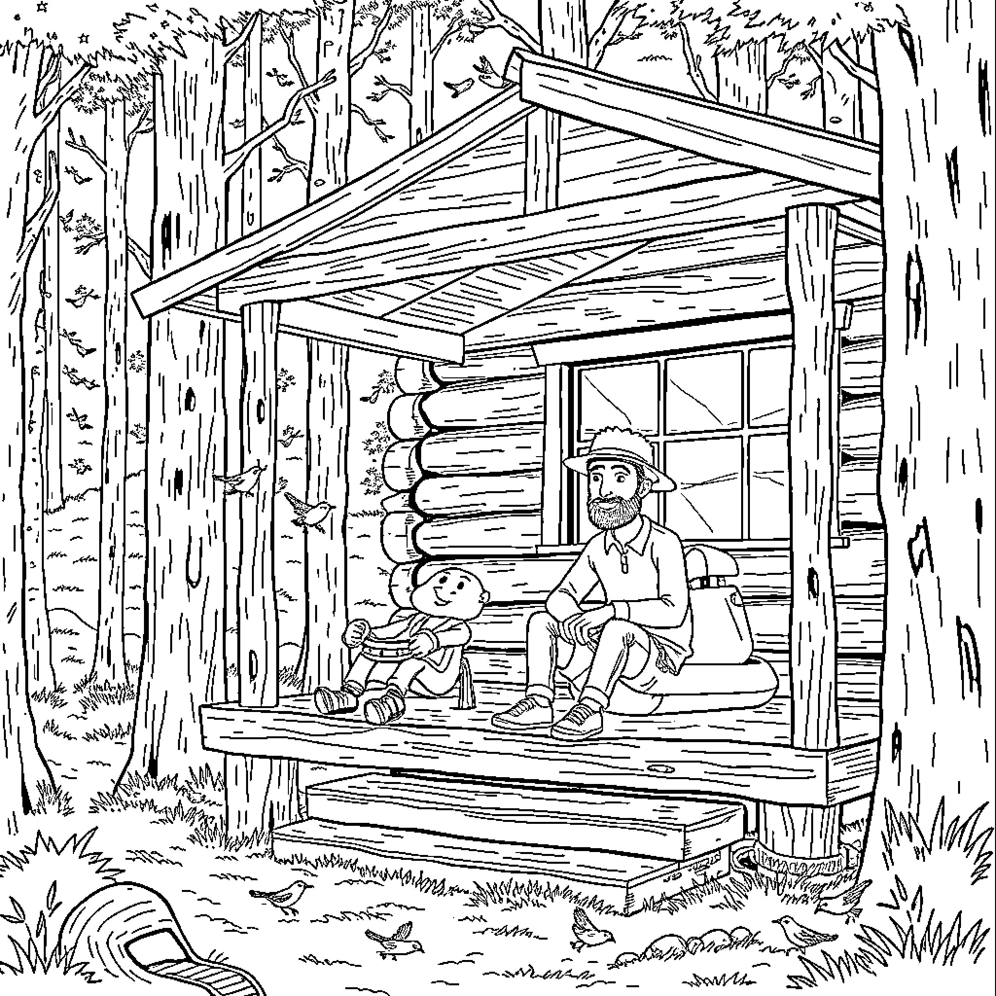 Character enjoying peaceful rest in forest cabin Coloring Page (free black-and-white line drawing printable PDF for all, from beginners to advanced learners, including children, teens, adults, and seniors)