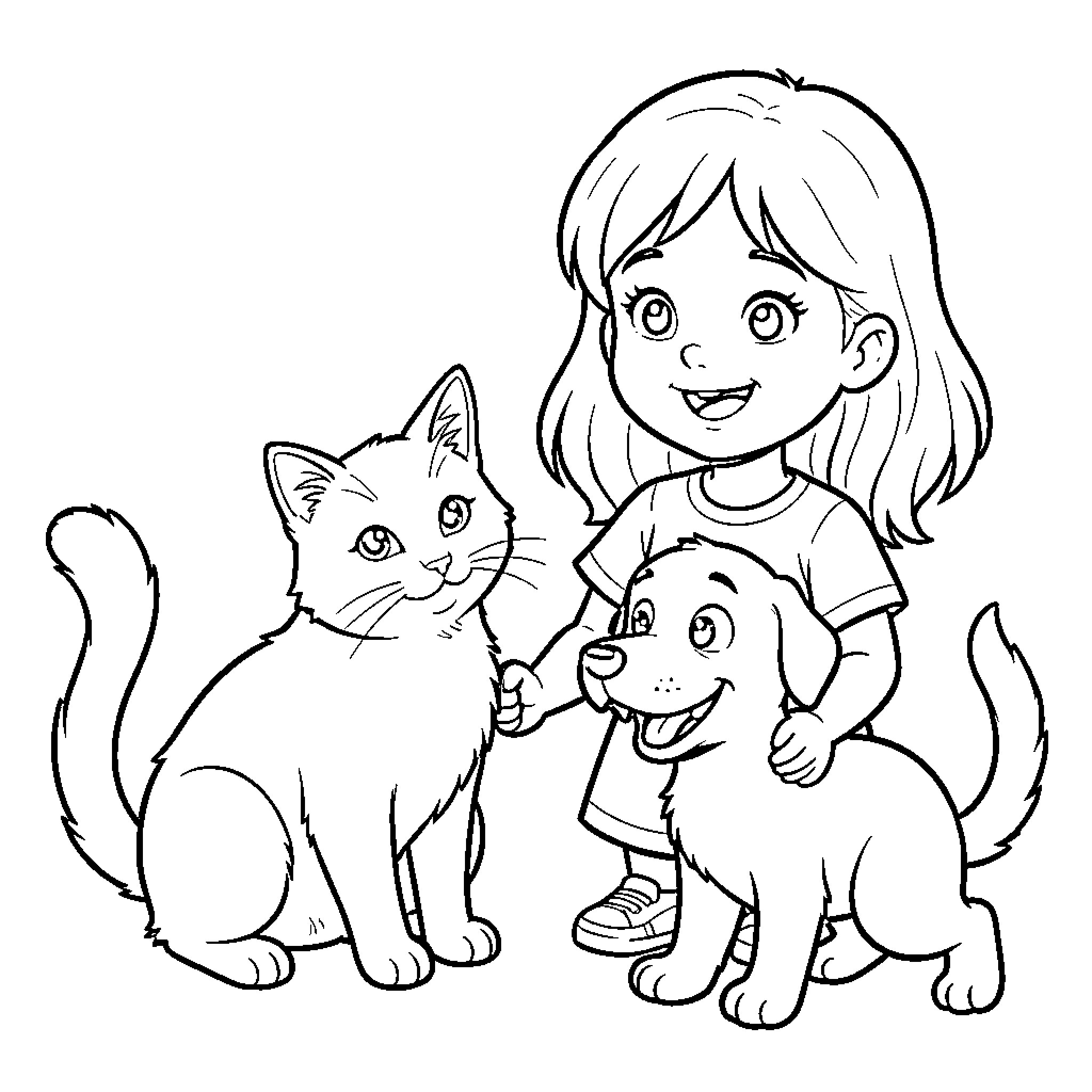 Cat and Girl with Puppy Coloring Page (free black-and-white line drawing printable PDF for all, from beginners to advanced learners, including children, teens, adults, and seniors)