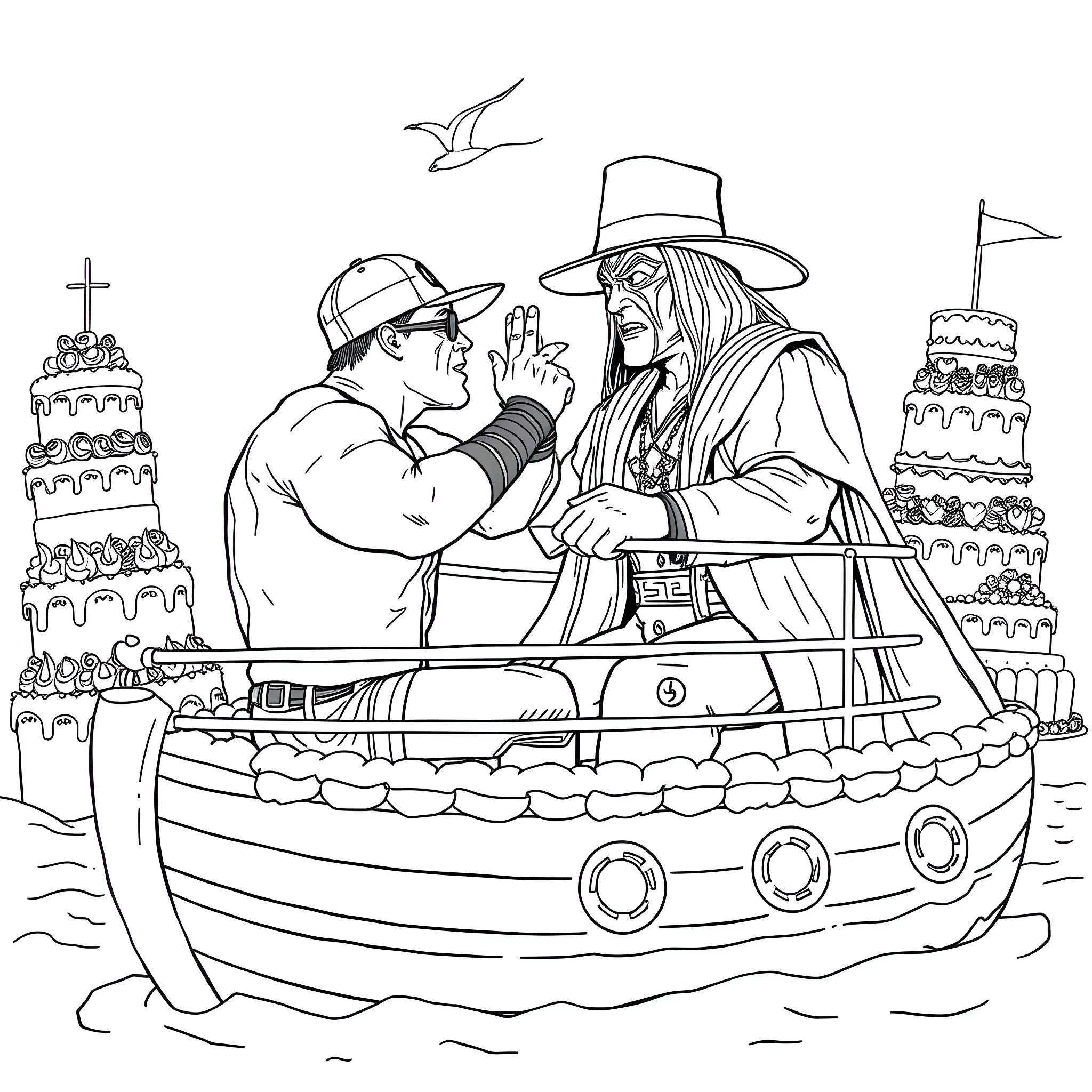 John Cena and mysterious figure on a boat with cakes Coloring Page (free black-and-white line drawing printable PDF for all, from beginners to advanced learners, including children, teens, adults, and seniors)